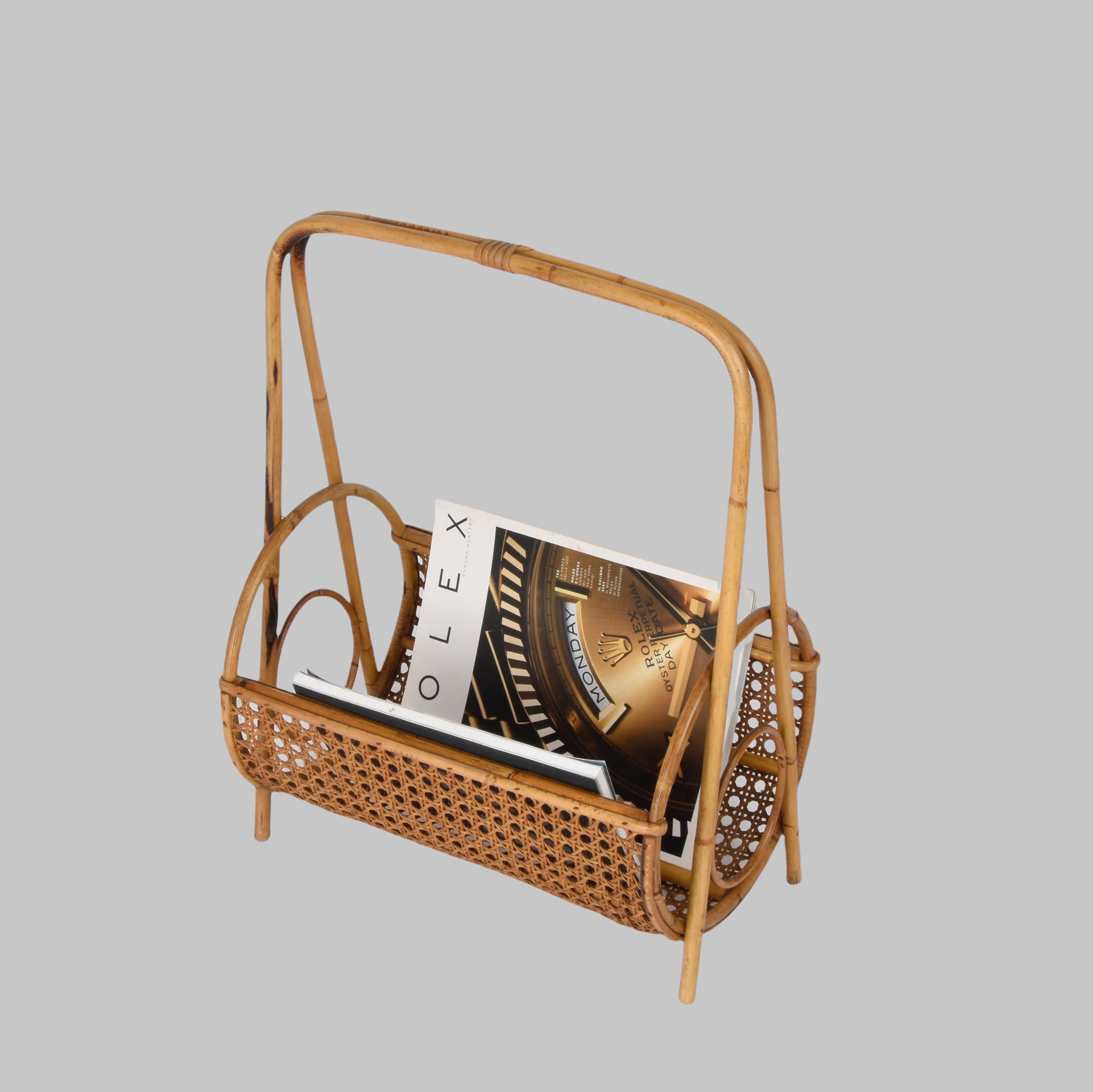 Midcentury French Riviera Bamboo and Rattan Italian Magazine Rack, 1960s For Sale 6