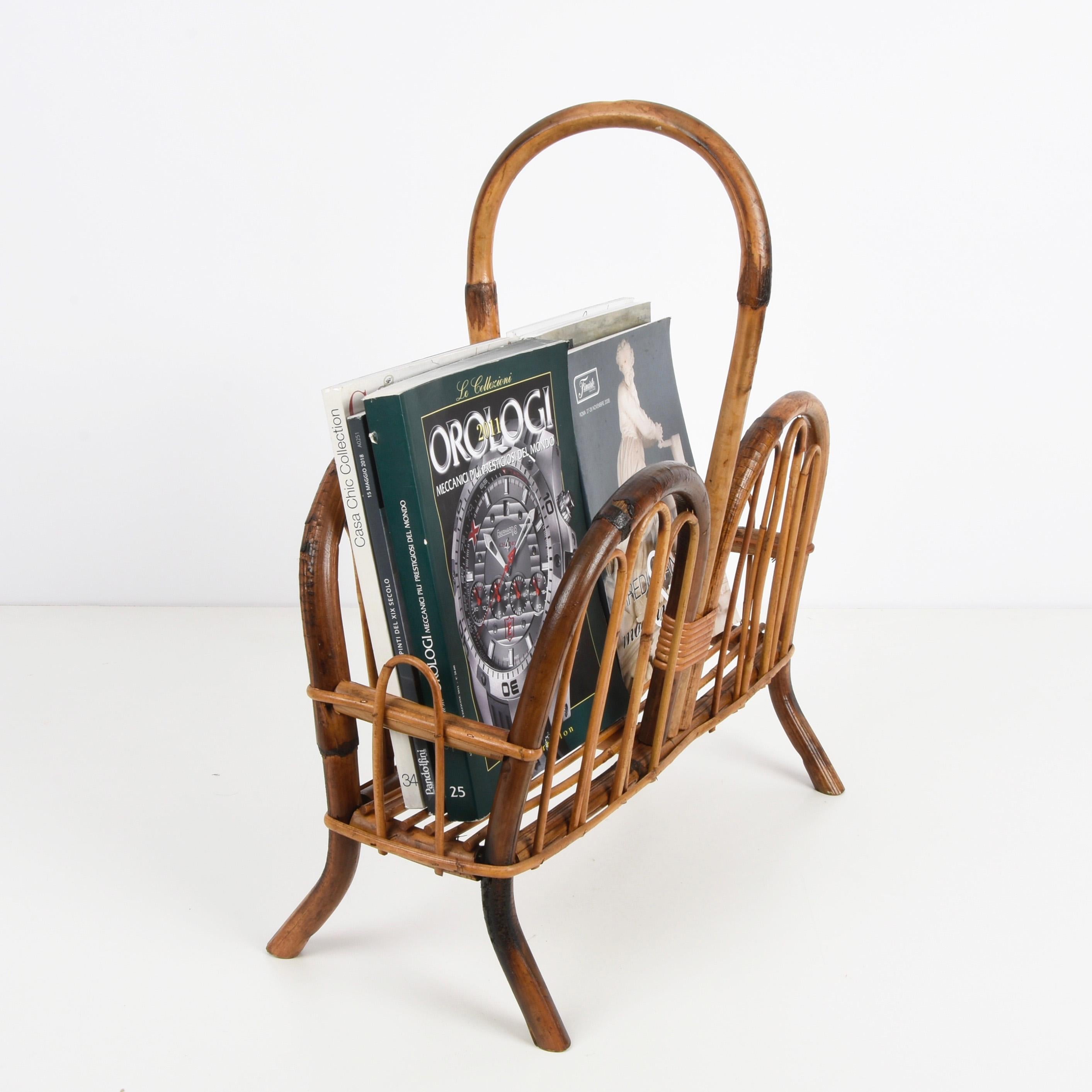 Midcentury French Riviera Bamboo and Rattan Italian Magazine Rack, 1960s For Sale 7