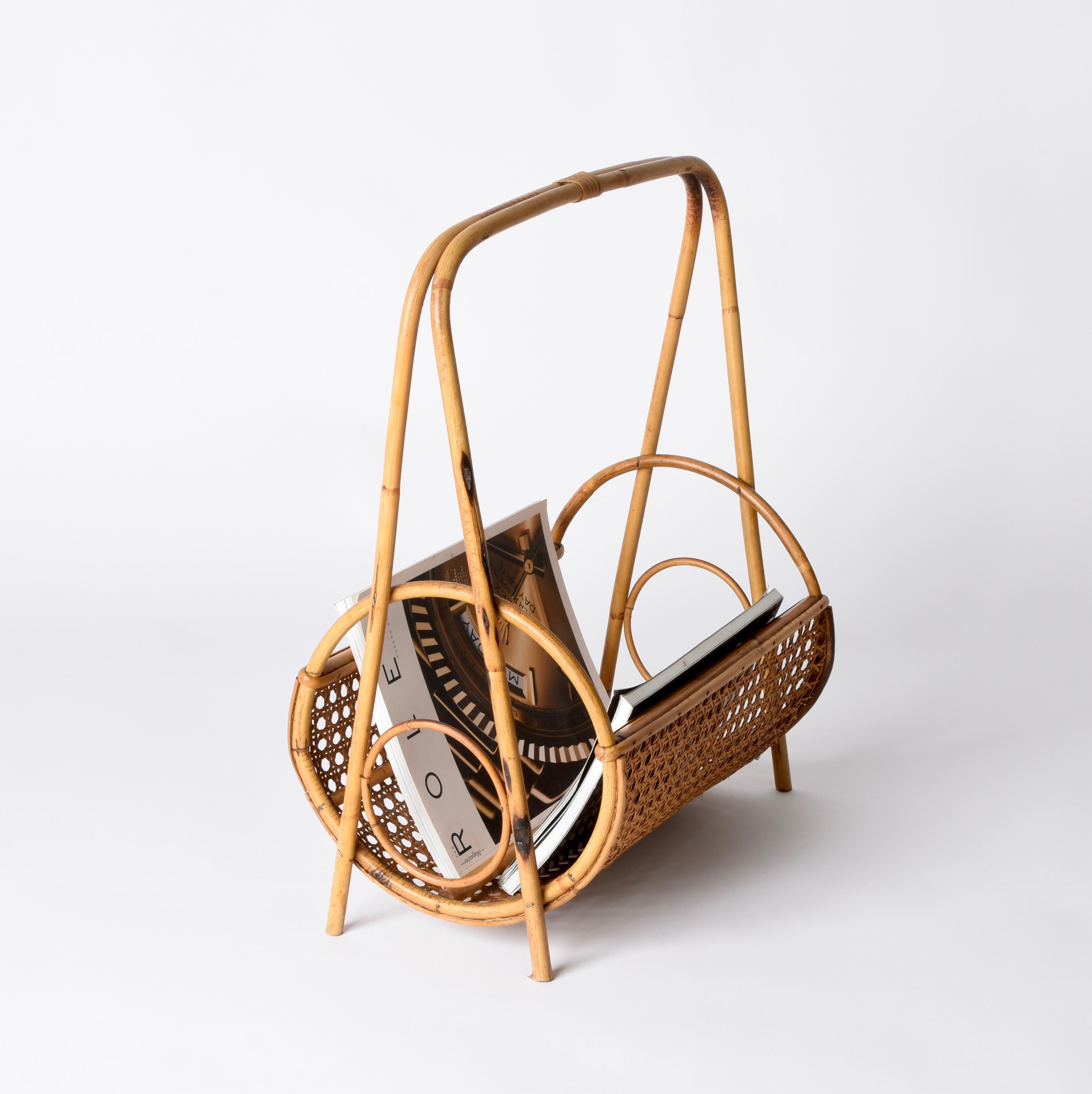 Midcentury French Riviera Bamboo and Rattan Italian Magazine Rack, 1960s For Sale 7