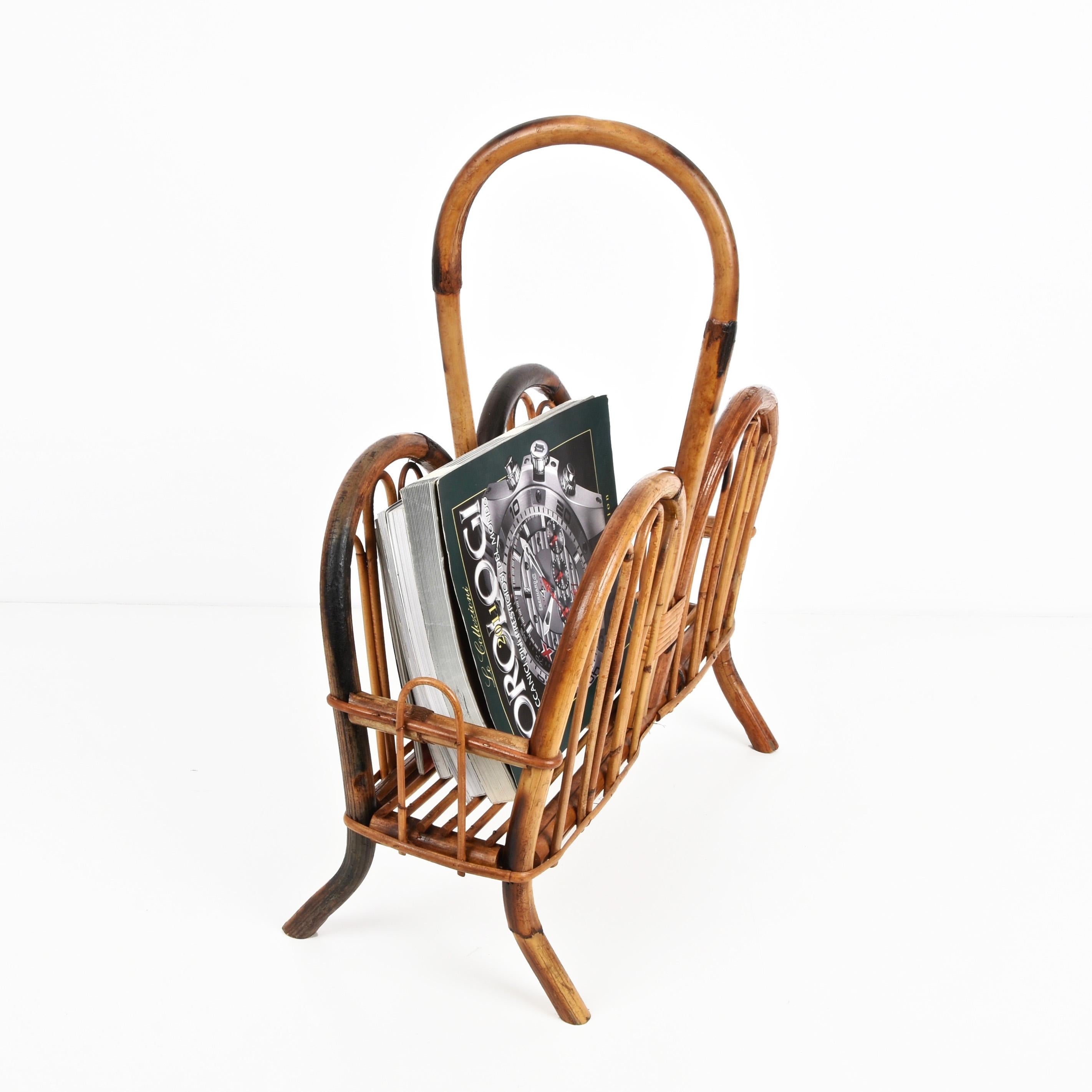 Midcentury French Riviera Bamboo and Rattan Italian Magazine Rack, 1960s For Sale 8