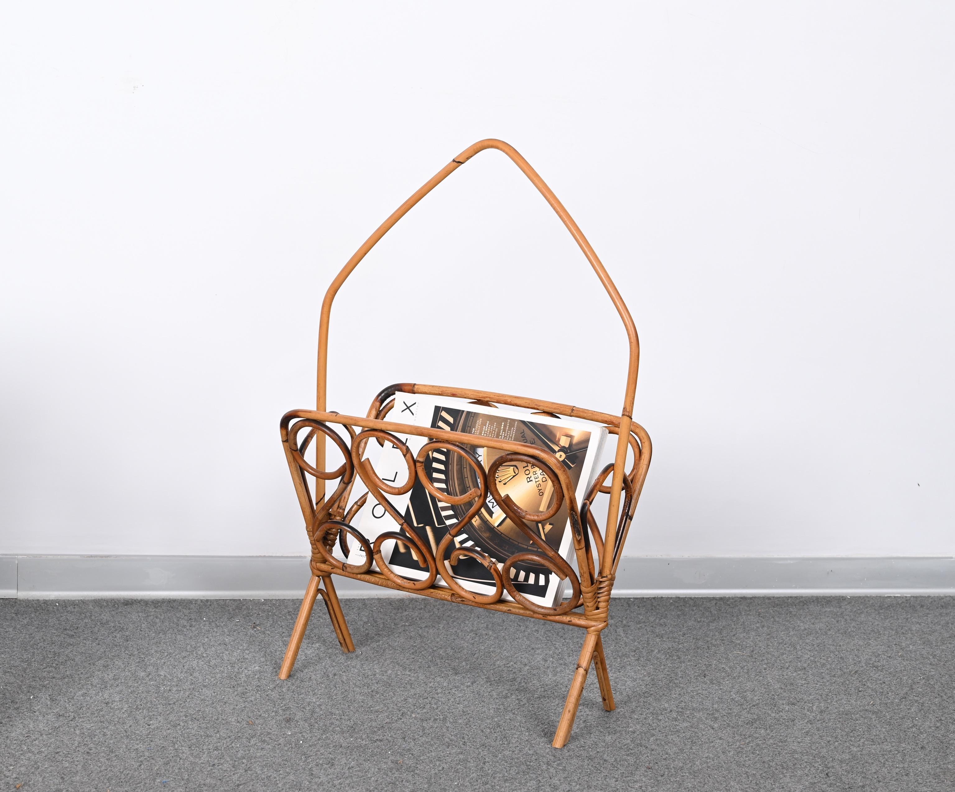 Midcentury French Riviera Bamboo and Rattan Italian Magazine Rack, 1960s For Sale 8