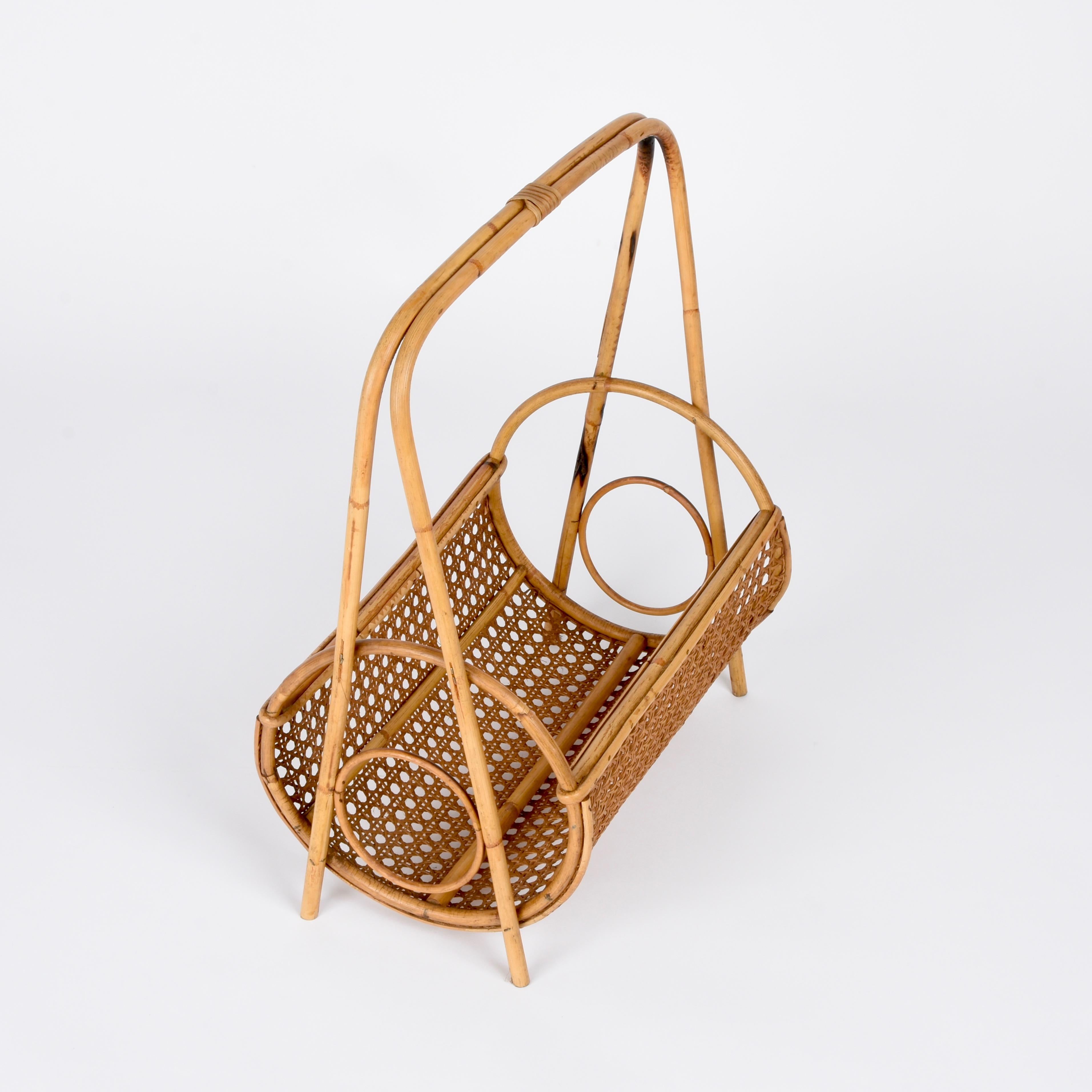 Midcentury French Riviera Bamboo and Rattan Italian Magazine Rack, 1960s For Sale 9