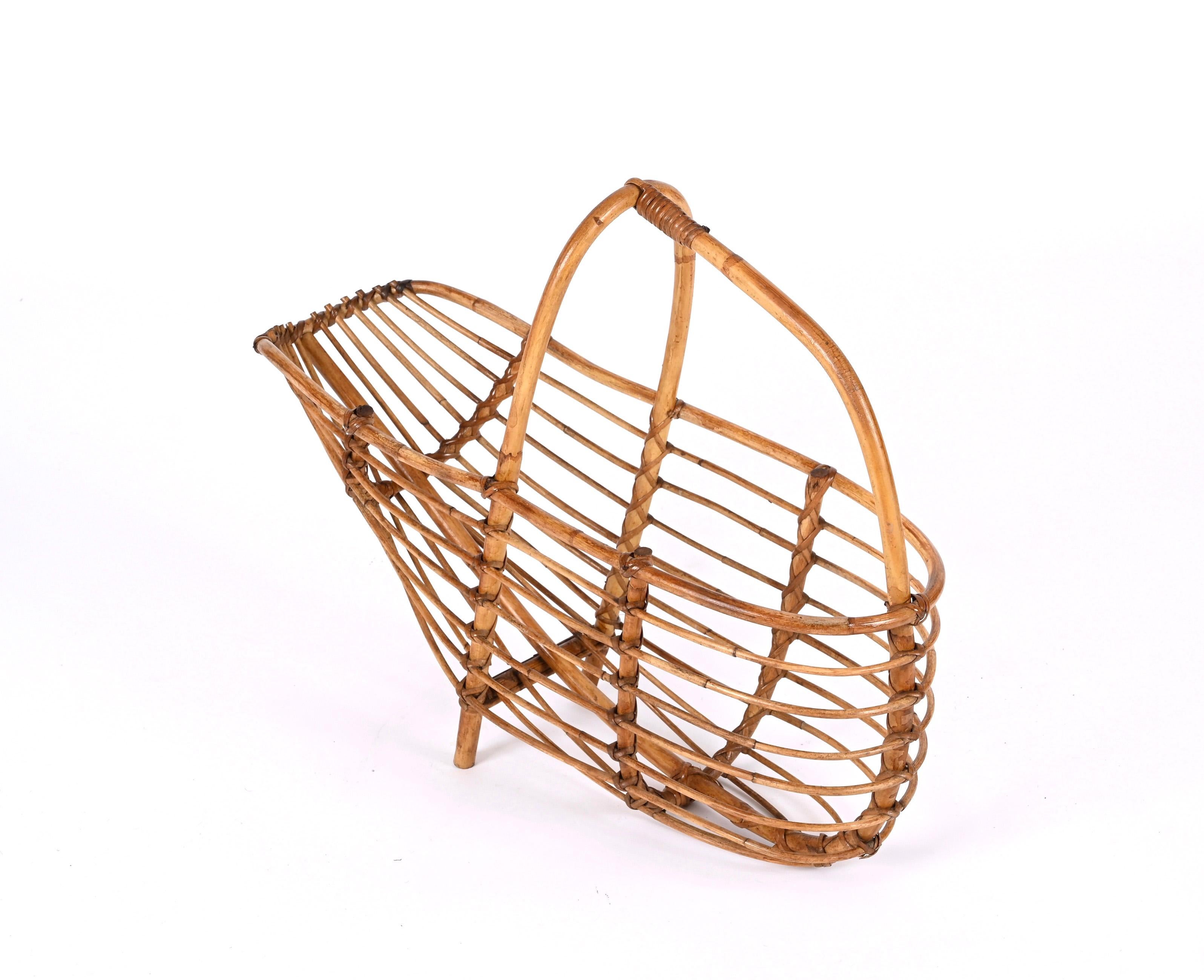 Midcentury French Riviera Bamboo and Rattan Italian Magazine Rack, 1960s For Sale 9