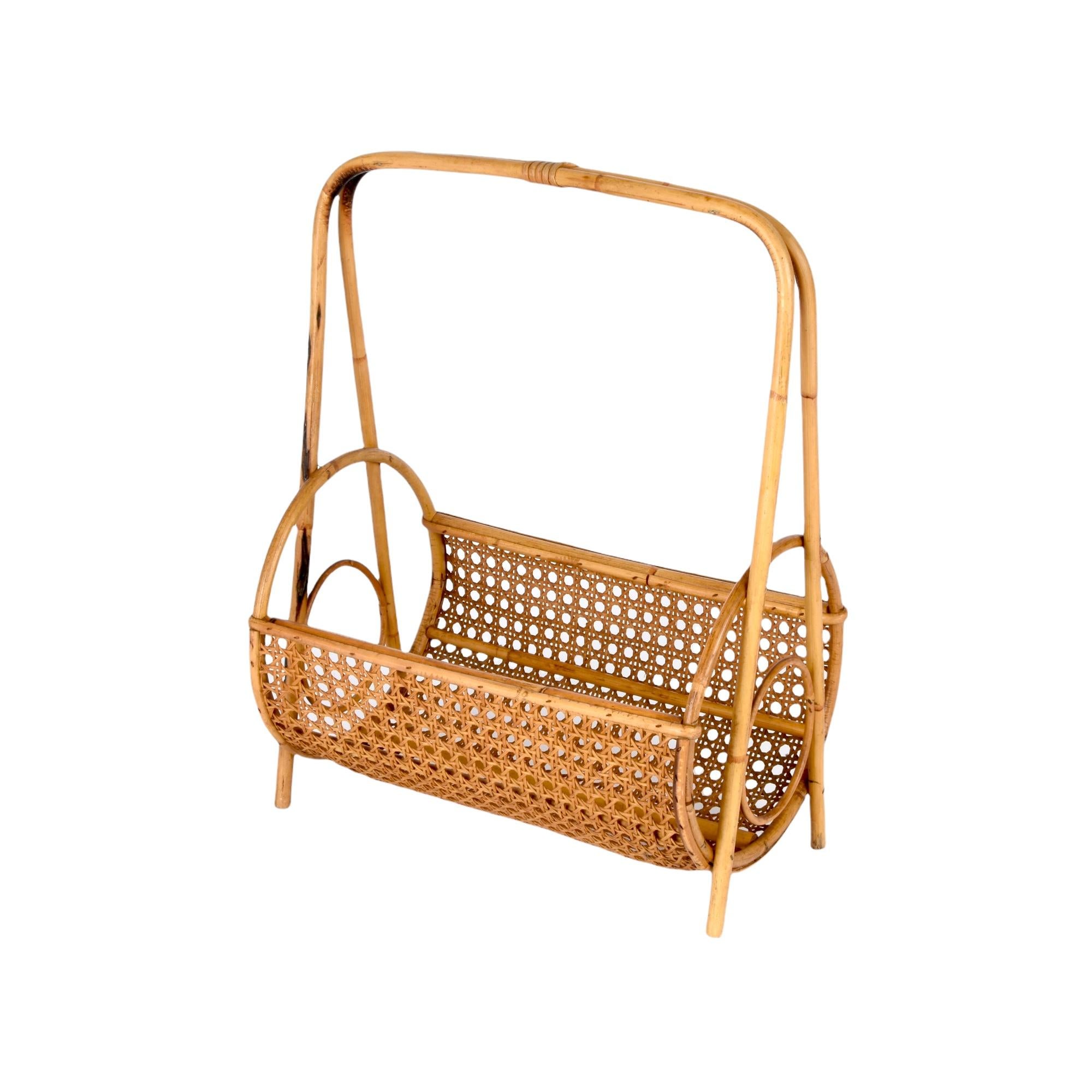 Midcentury French Riviera Bamboo and Rattan Italian Magazine Rack, 1960s For Sale 10