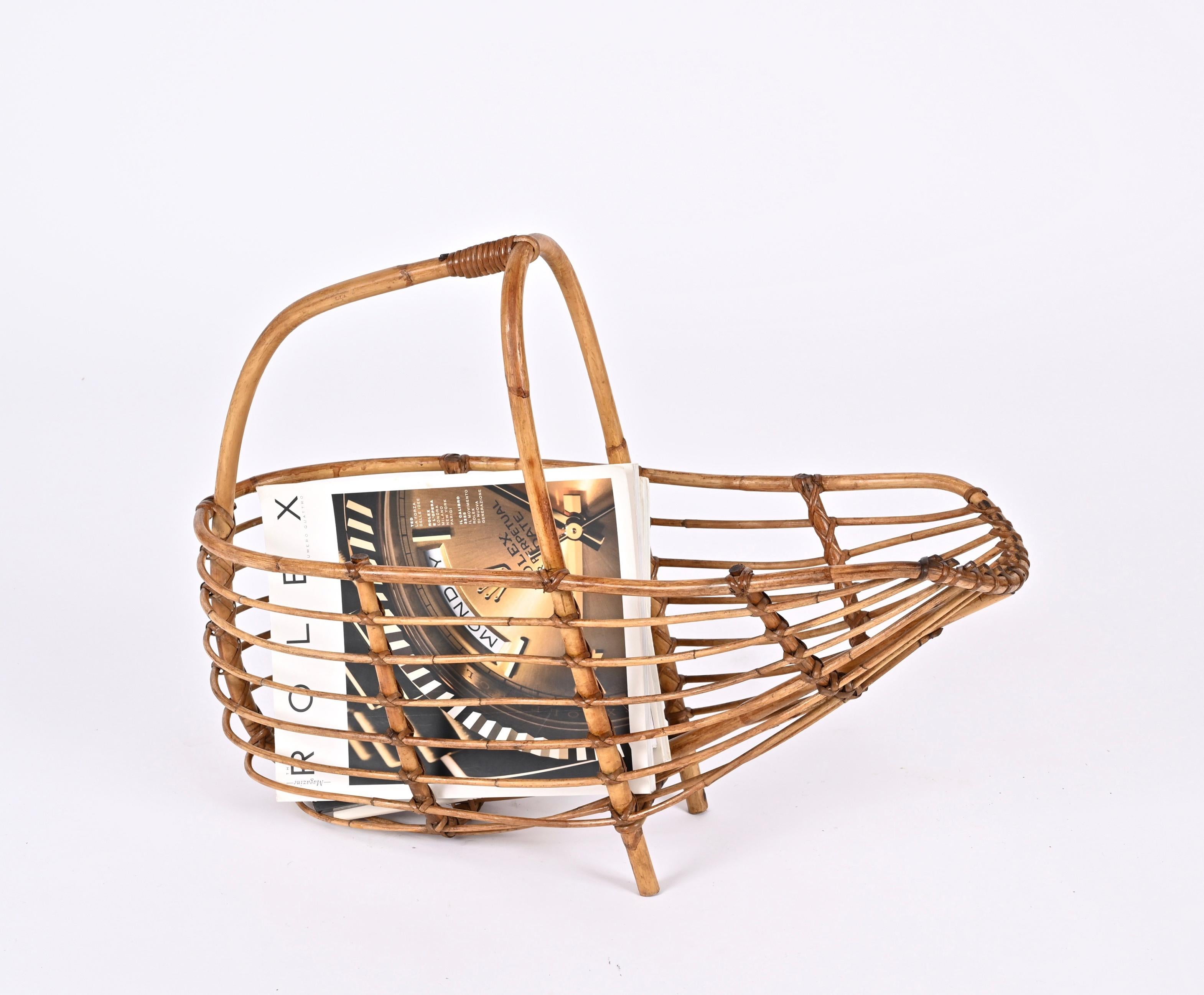 Midcentury French Riviera Bamboo and Rattan Italian Magazine Rack, 1960s For Sale 10