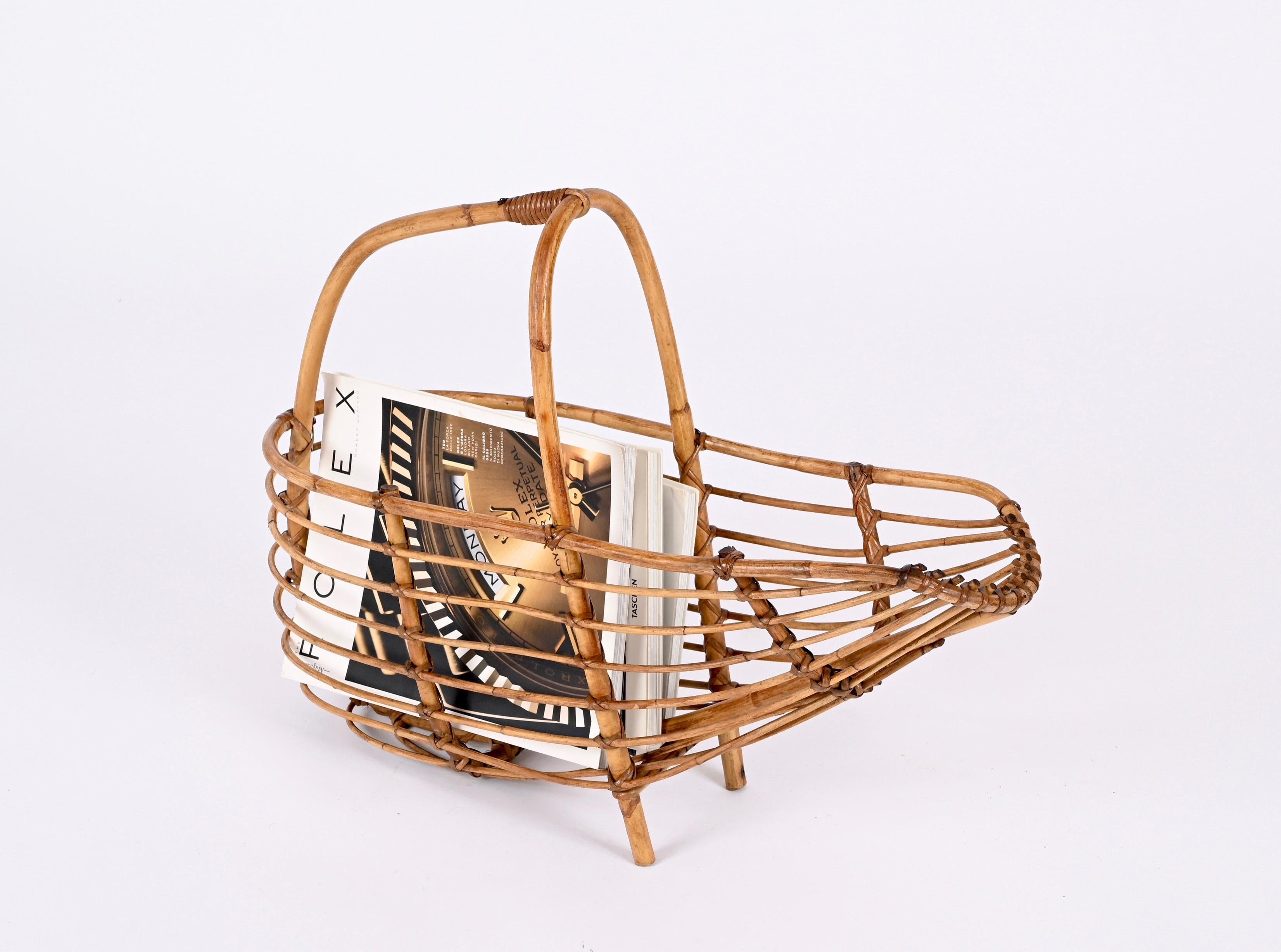 Midcentury French Riviera Bamboo and Rattan Italian Magazine Rack, 1960s For Sale 12