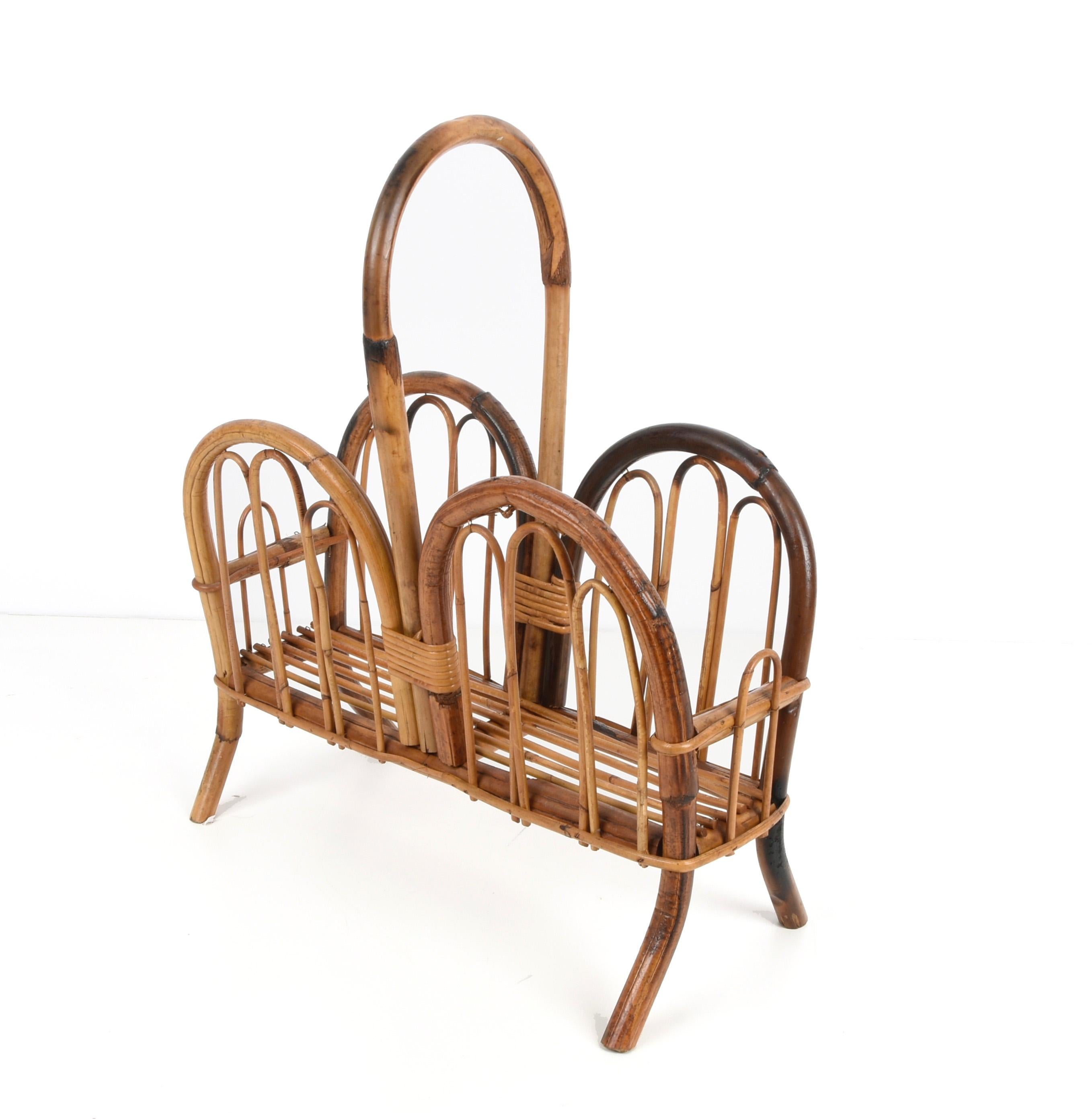 Mid-Century Modern Midcentury French Riviera Bamboo and Rattan Italian Magazine Rack, 1960s For Sale