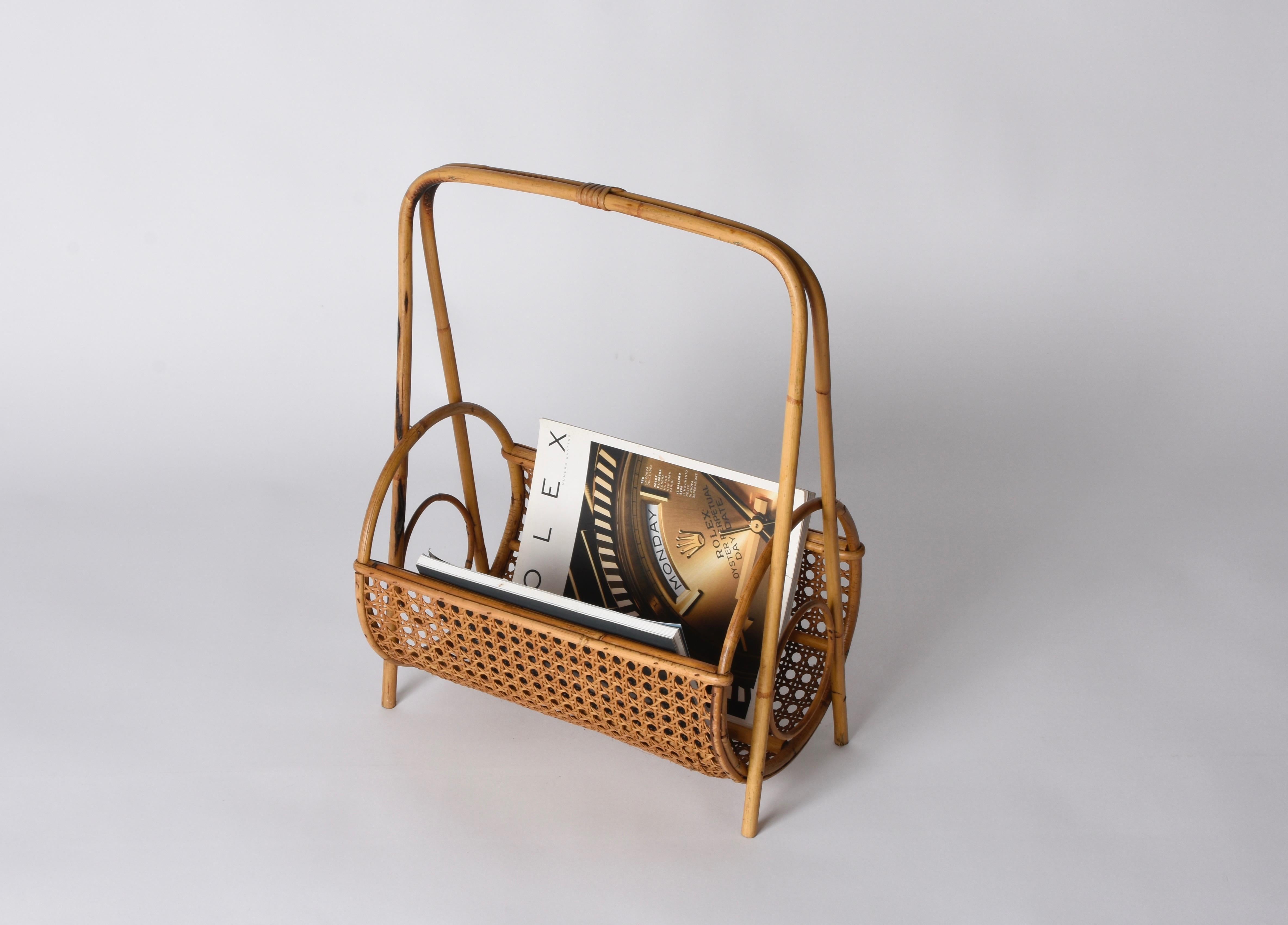 Mid-Century Modern Midcentury French Riviera Bamboo and Rattan Italian Magazine Rack, 1960s For Sale