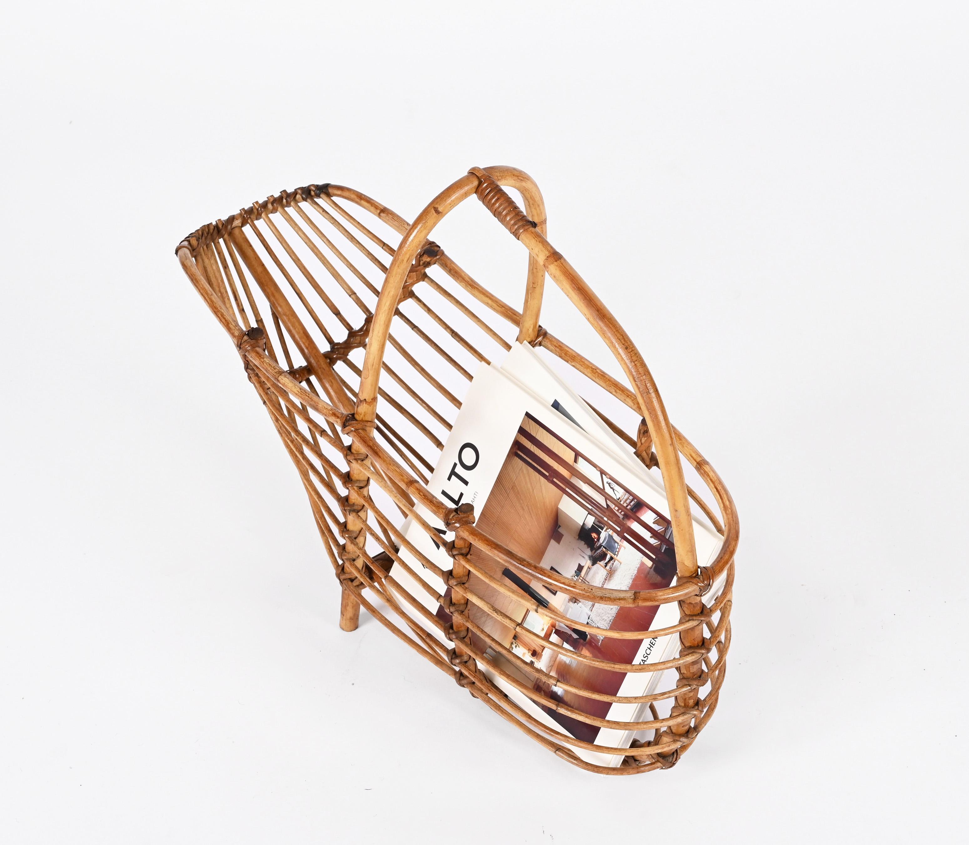 Mid-Century Modern Midcentury French Riviera Bamboo and Rattan Italian Magazine Rack, 1960s For Sale