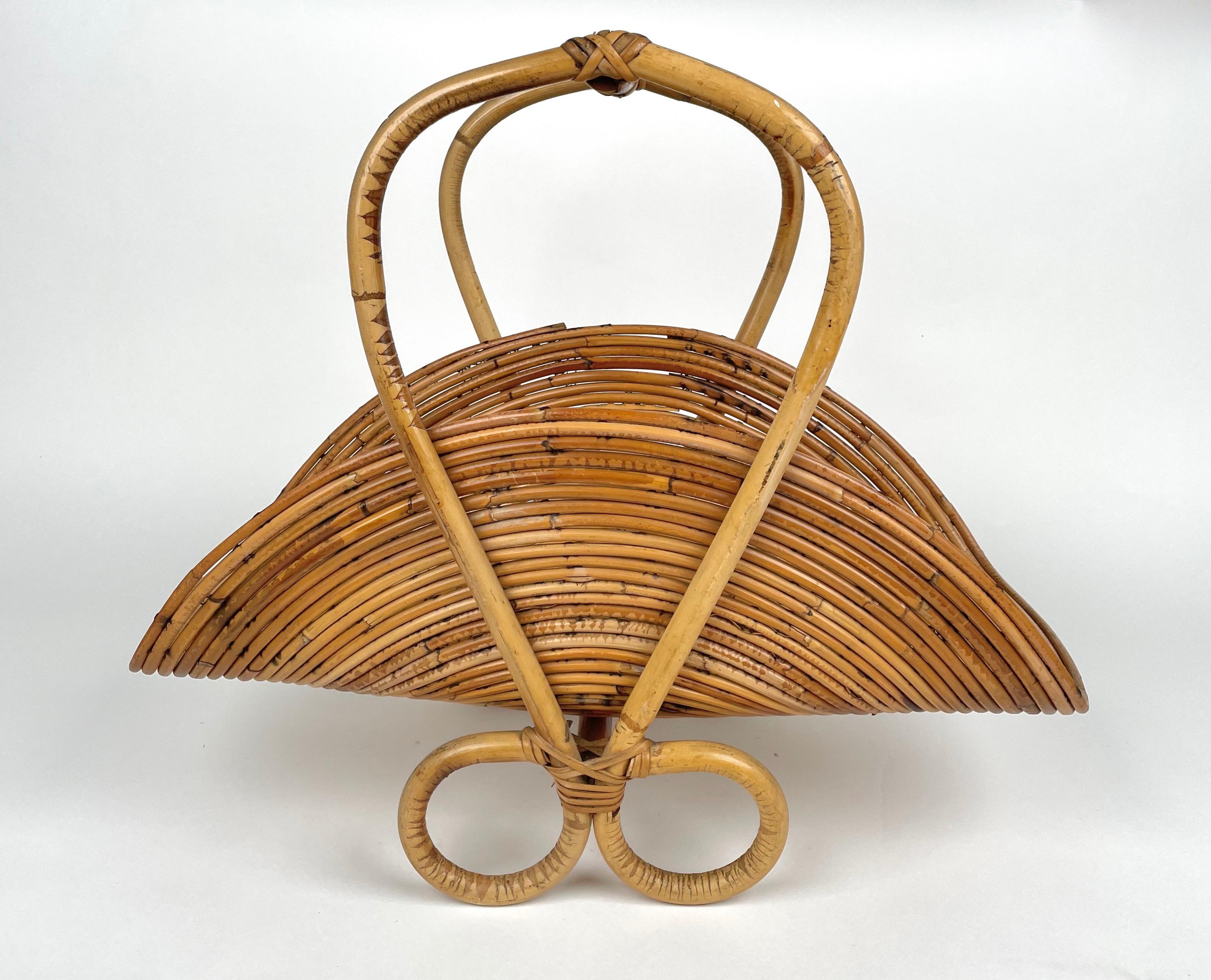 Midcentury French Riviera Bamboo and Rattan Italian Magazine Rack, 1960s In Good Condition In Rome, IT