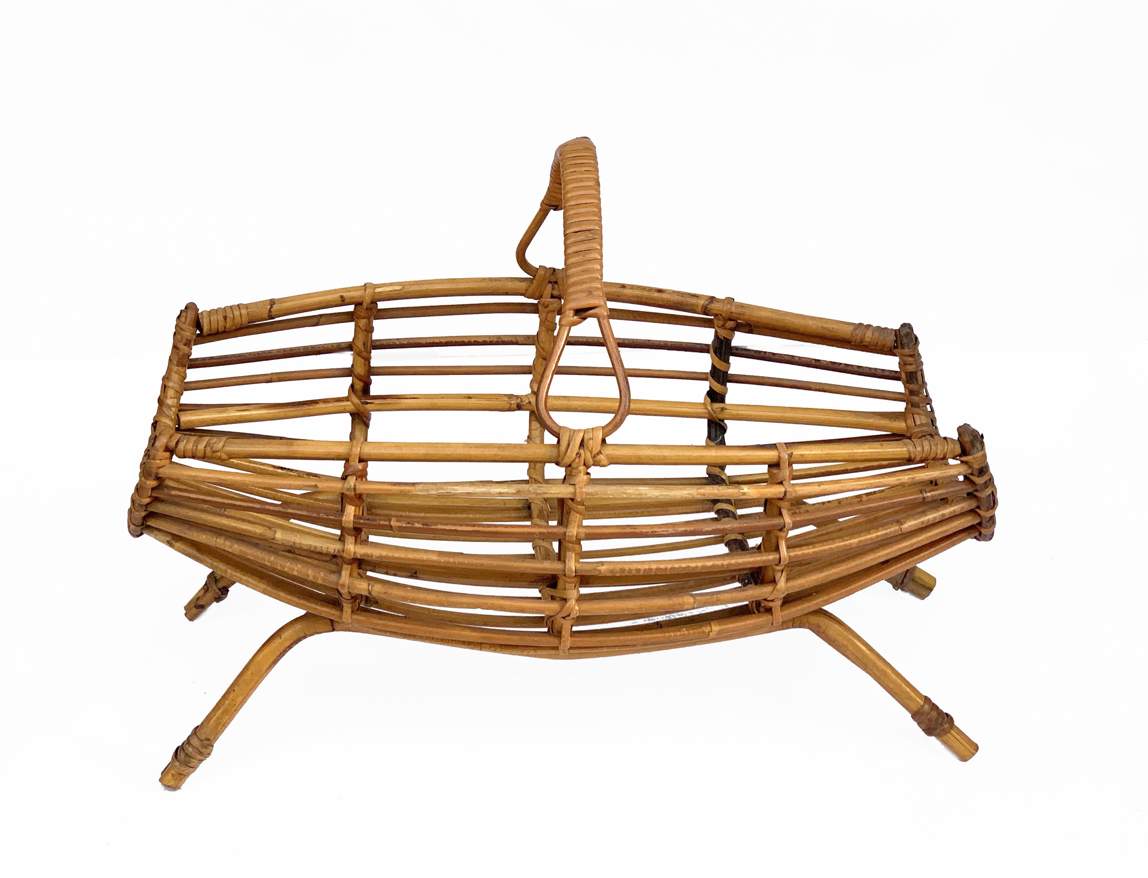 Mid-20th Century Midcentury French Riviera Bamboo and Rattan Italian Magazine Rack, 1960s For Sale