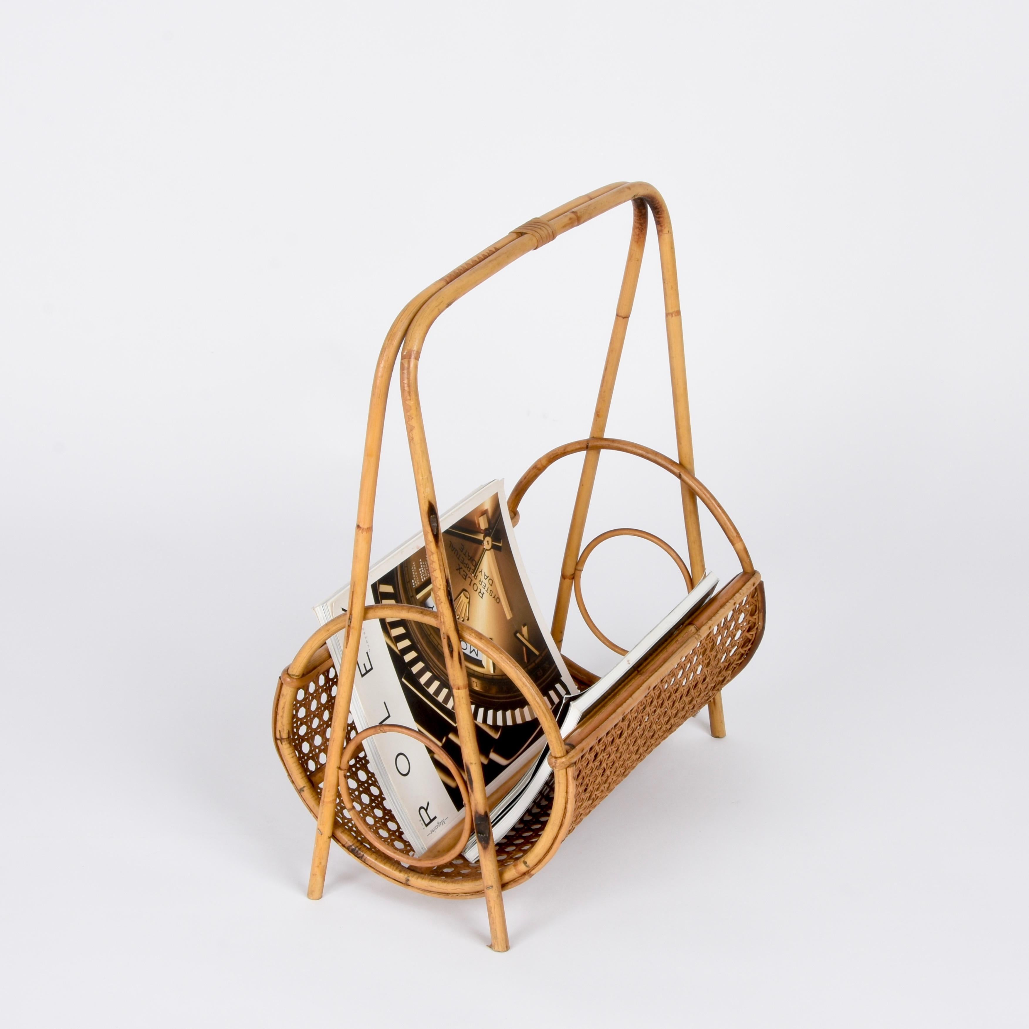 Mid-20th Century Midcentury French Riviera Bamboo and Rattan Italian Magazine Rack, 1960s For Sale