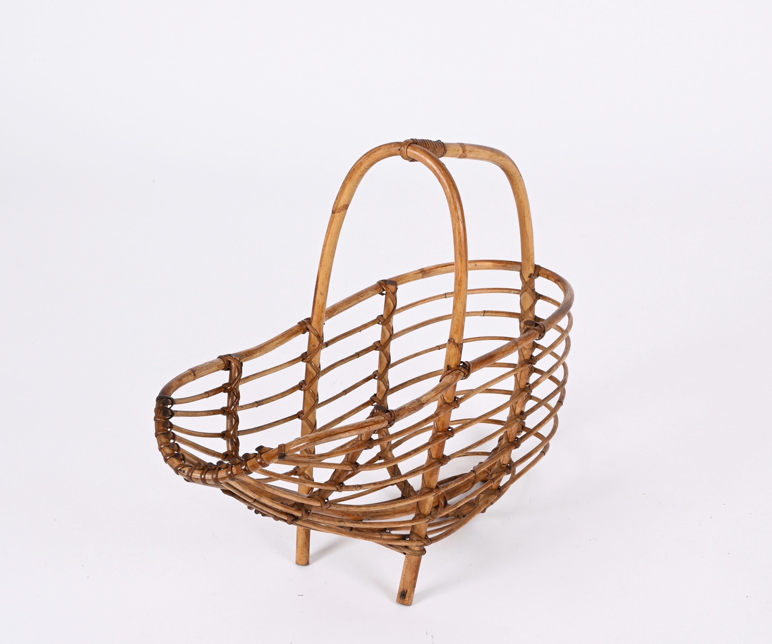 Mid-20th Century Midcentury French Riviera Bamboo and Rattan Italian Magazine Rack, 1960s For Sale