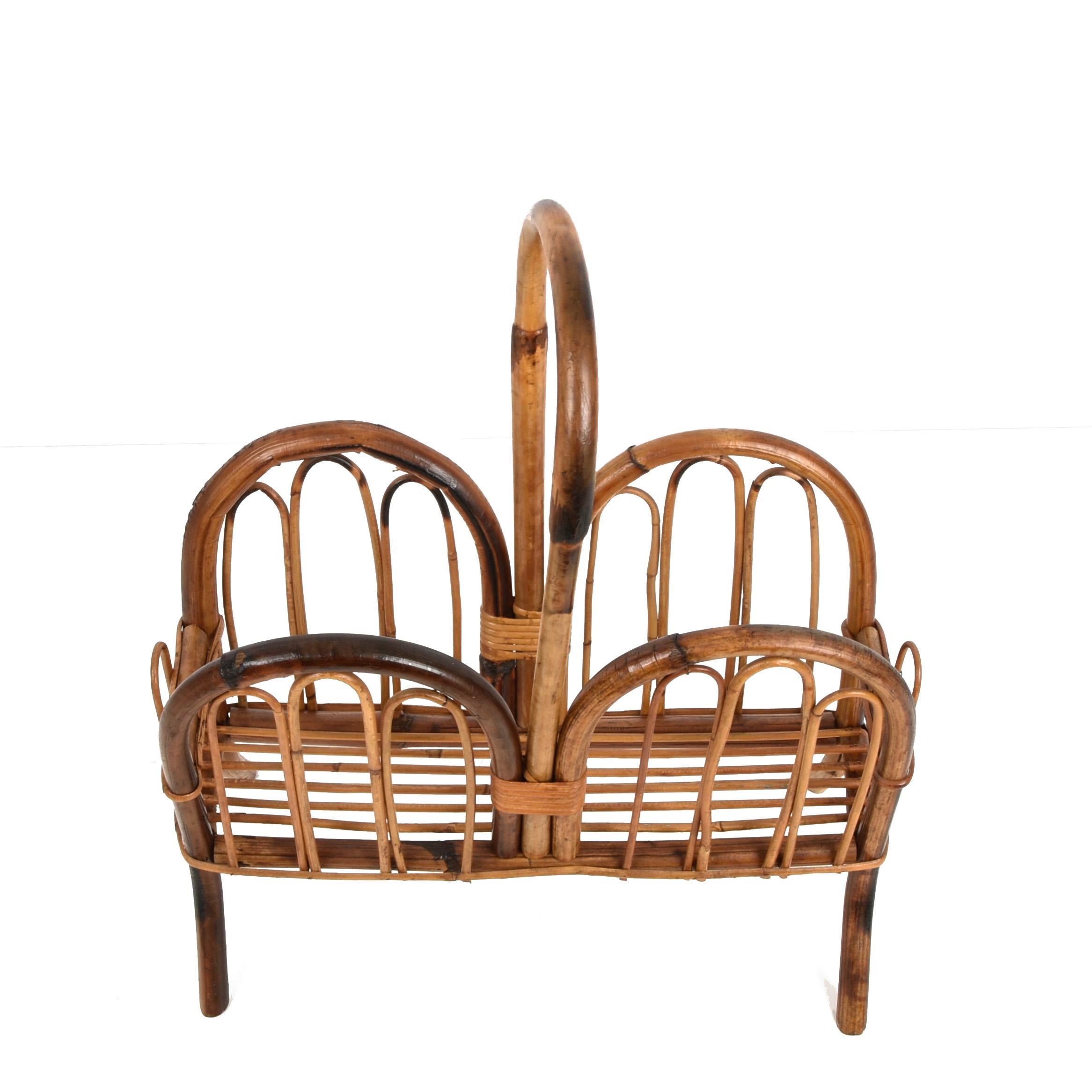 Midcentury French Riviera Bamboo and Rattan Italian Magazine Rack, 1960s For Sale 1