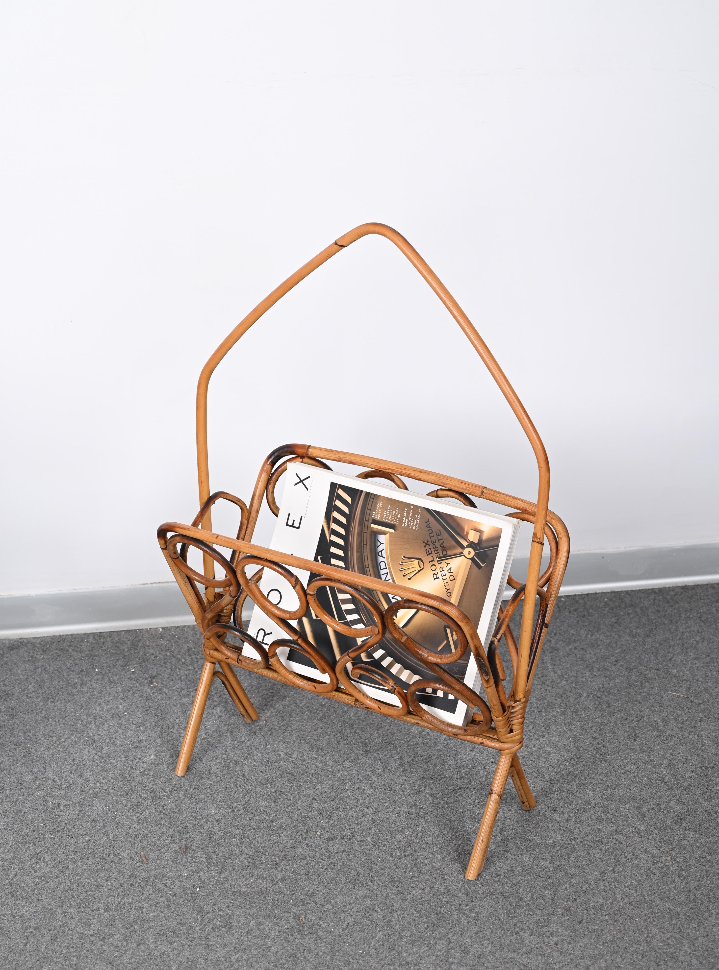Midcentury French Riviera Bamboo and Rattan Italian Magazine Rack, 1960s For Sale 1