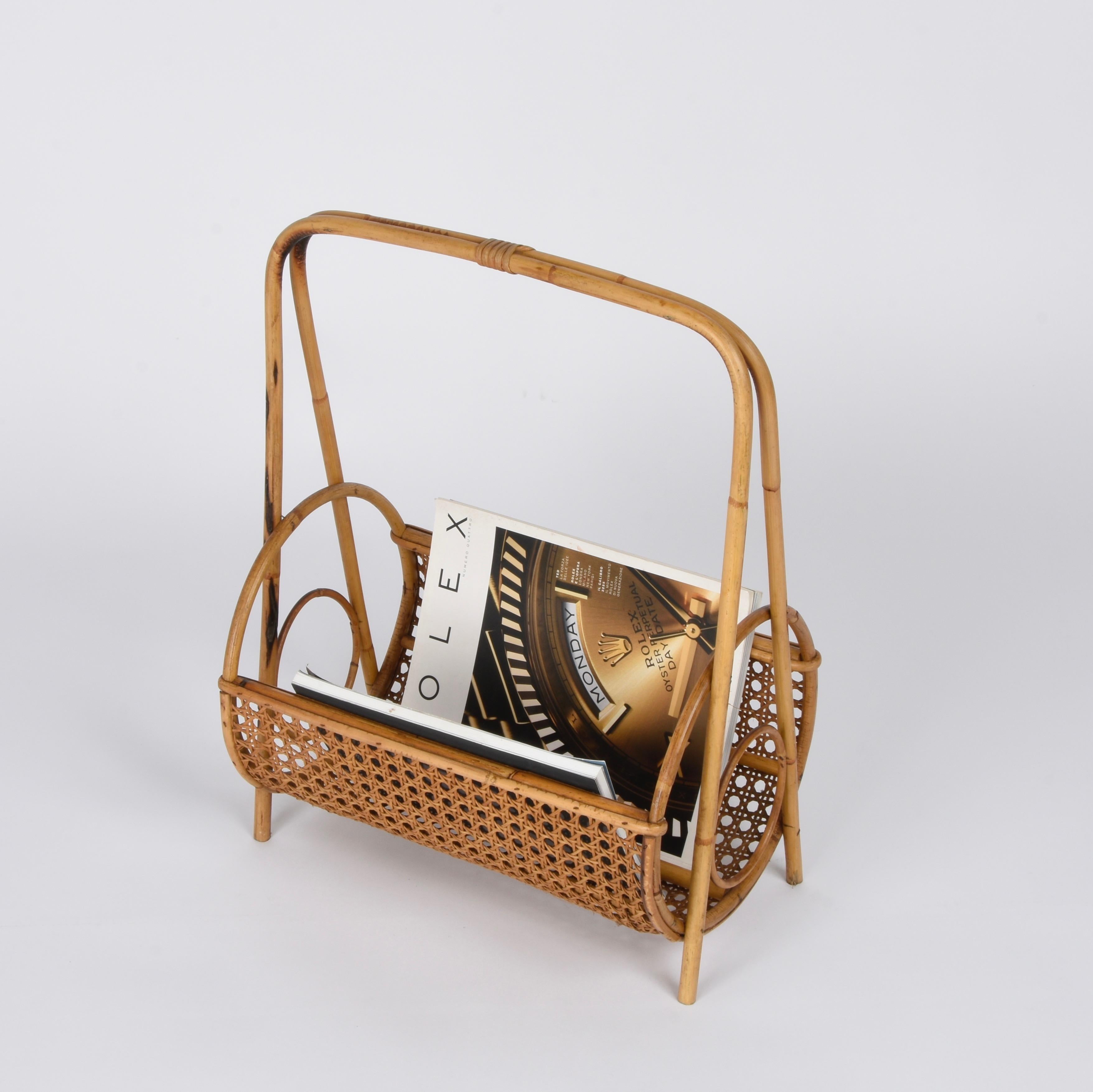 Midcentury French Riviera Bamboo and Rattan Italian Magazine Rack, 1960s For Sale 4