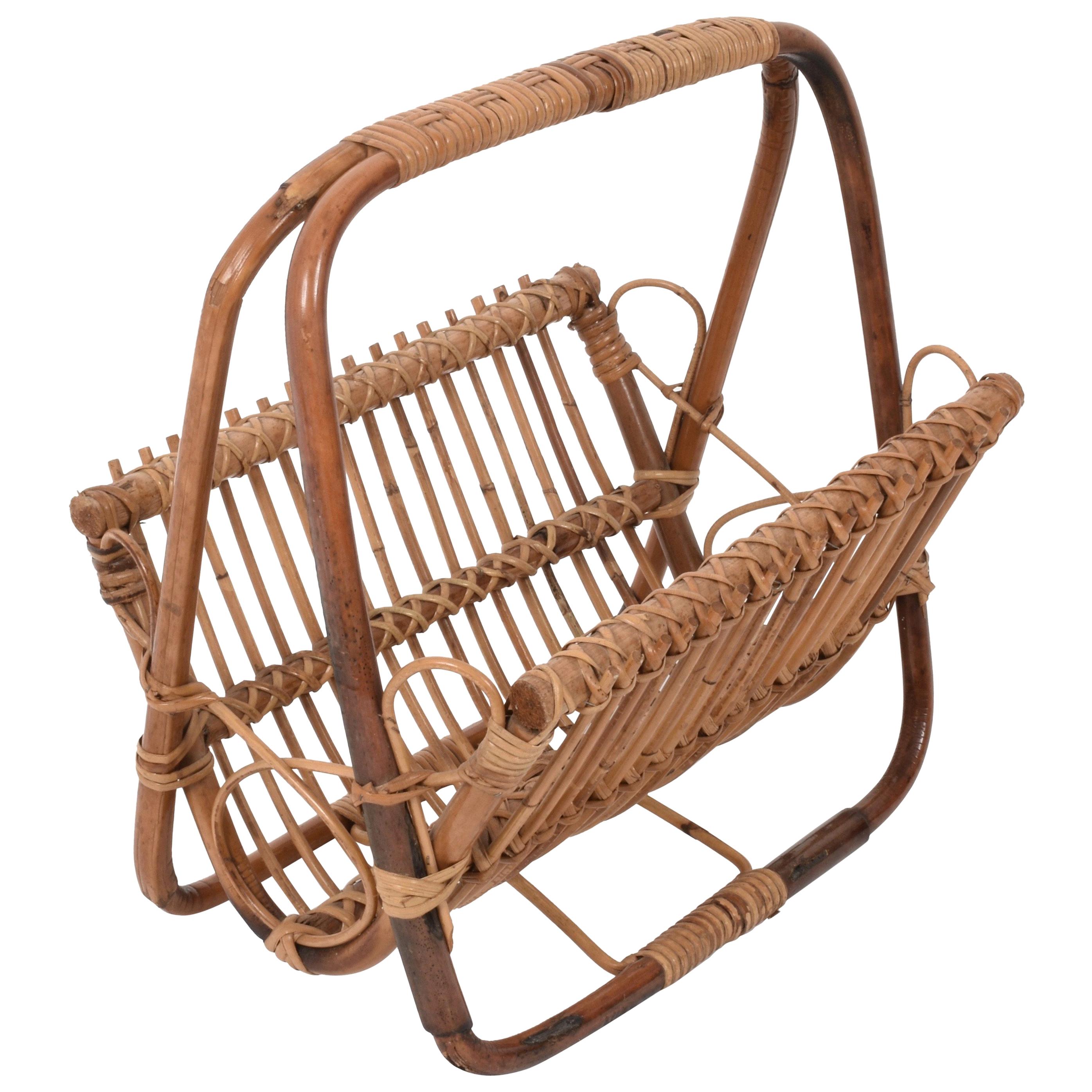 Midcentury French Riviera Bamboo and Rattan Italian Magazine Rack, 1960s For Sale
