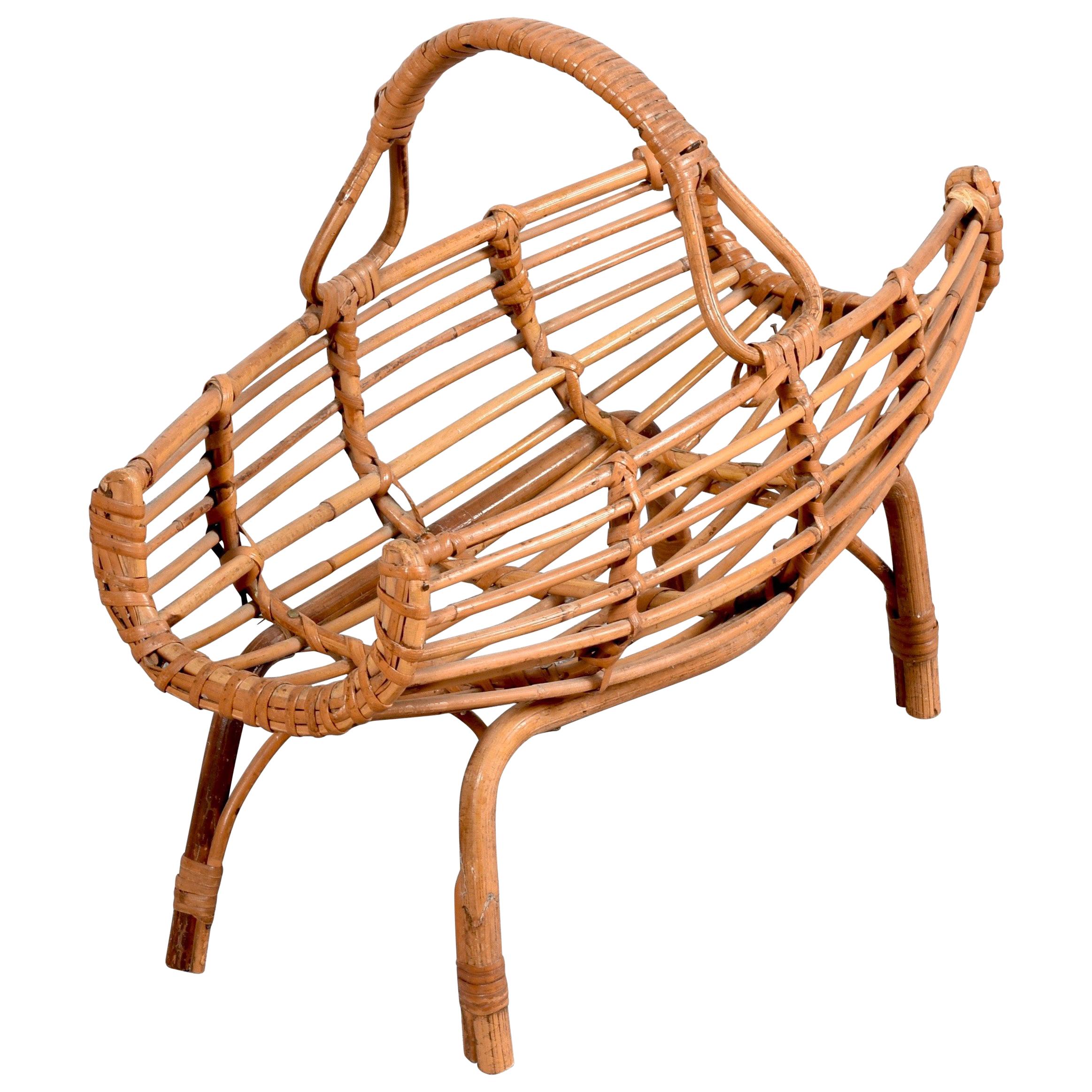 Midcentury French Riviera Bamboo and Rattan Italian Magazine Rack, 1960s