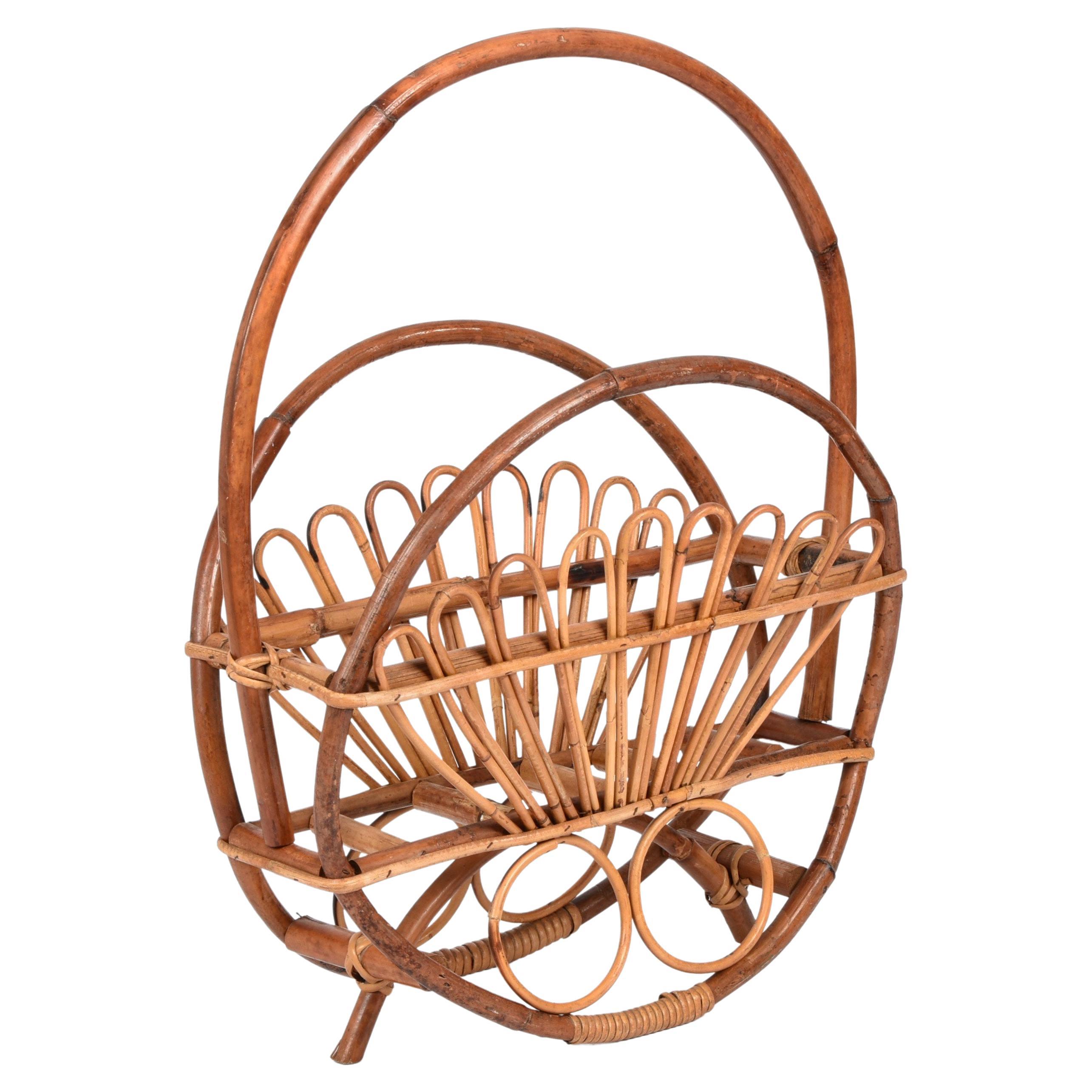 Mid-Century French Riviera Bamboo and Rattan Italian Magazine Rack, 1960s For Sale