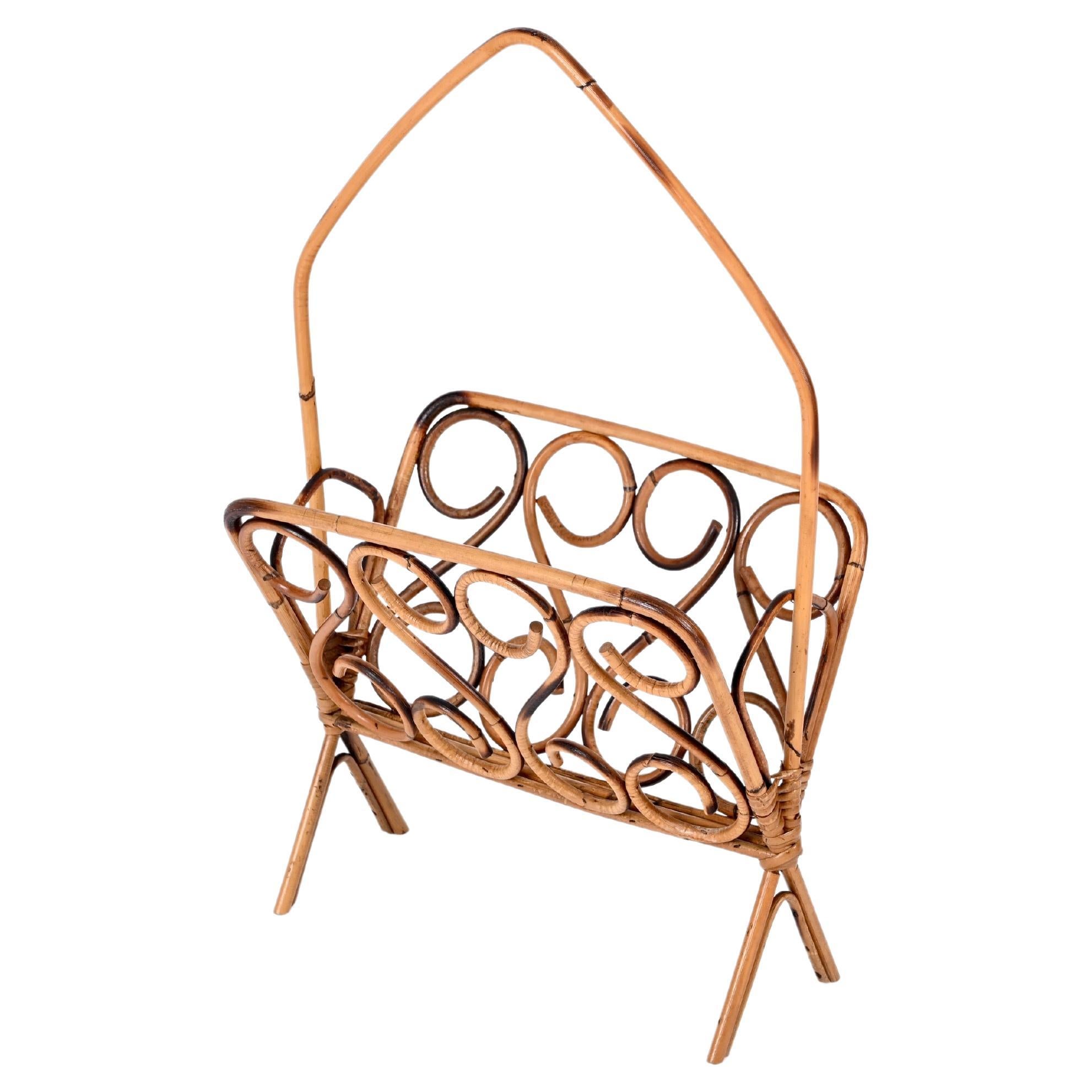 Midcentury French Riviera Bamboo and Rattan Italian Magazine Rack, 1960s For Sale