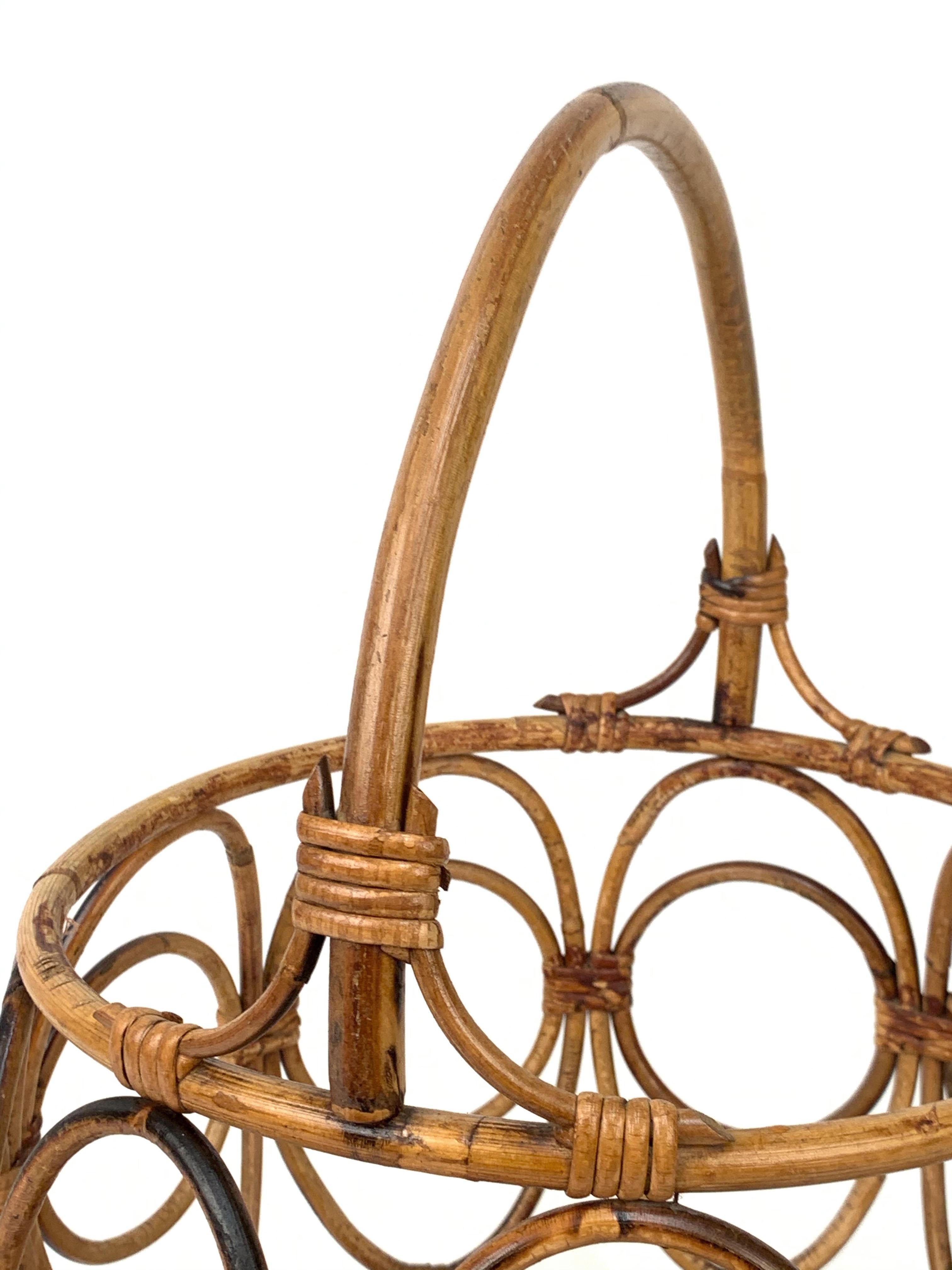 Midcentury French Riviera Bamboo and Rattan Italian Round Magazine Rack, 1960s For Sale 6