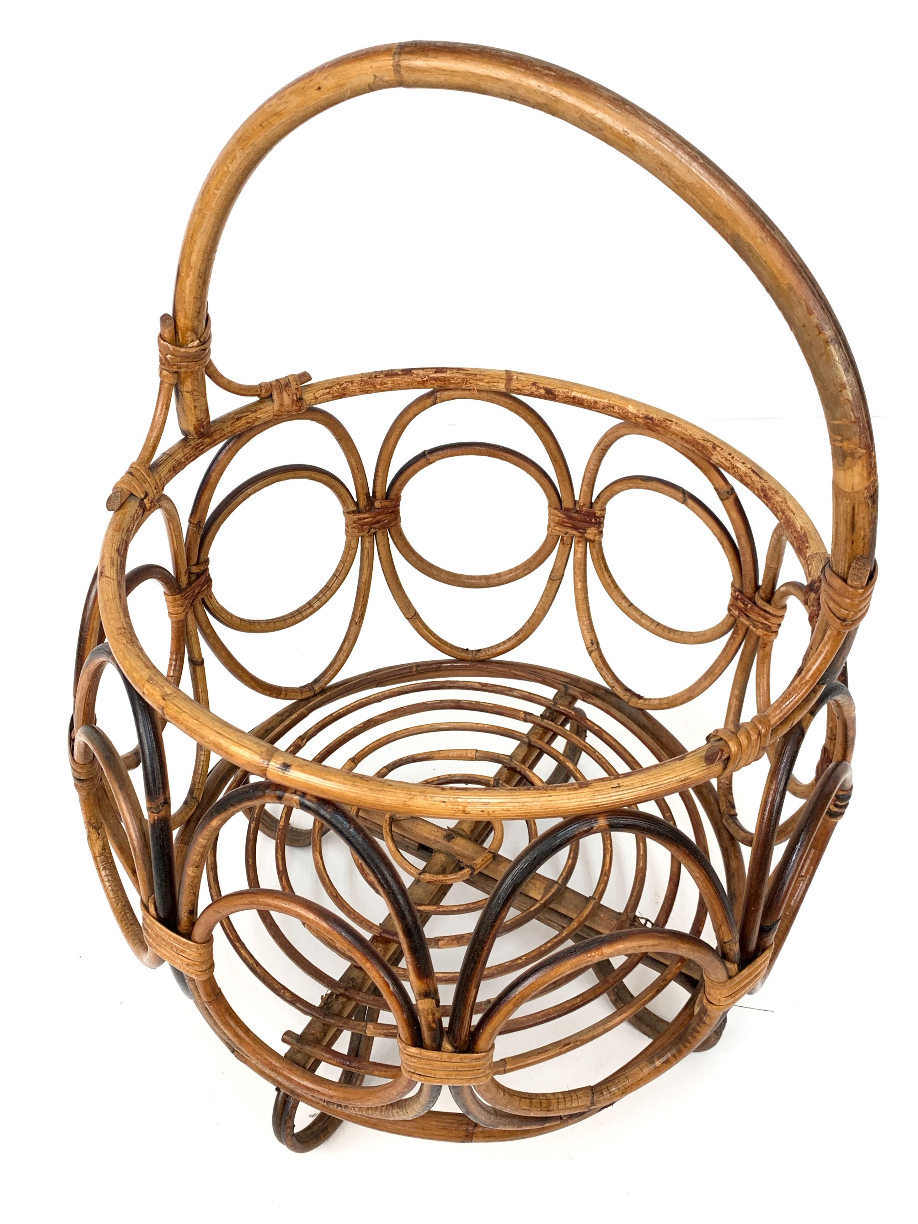 Mid-20th Century Midcentury French Riviera Bamboo and Rattan Italian Round Magazine Rack, 1960s For Sale