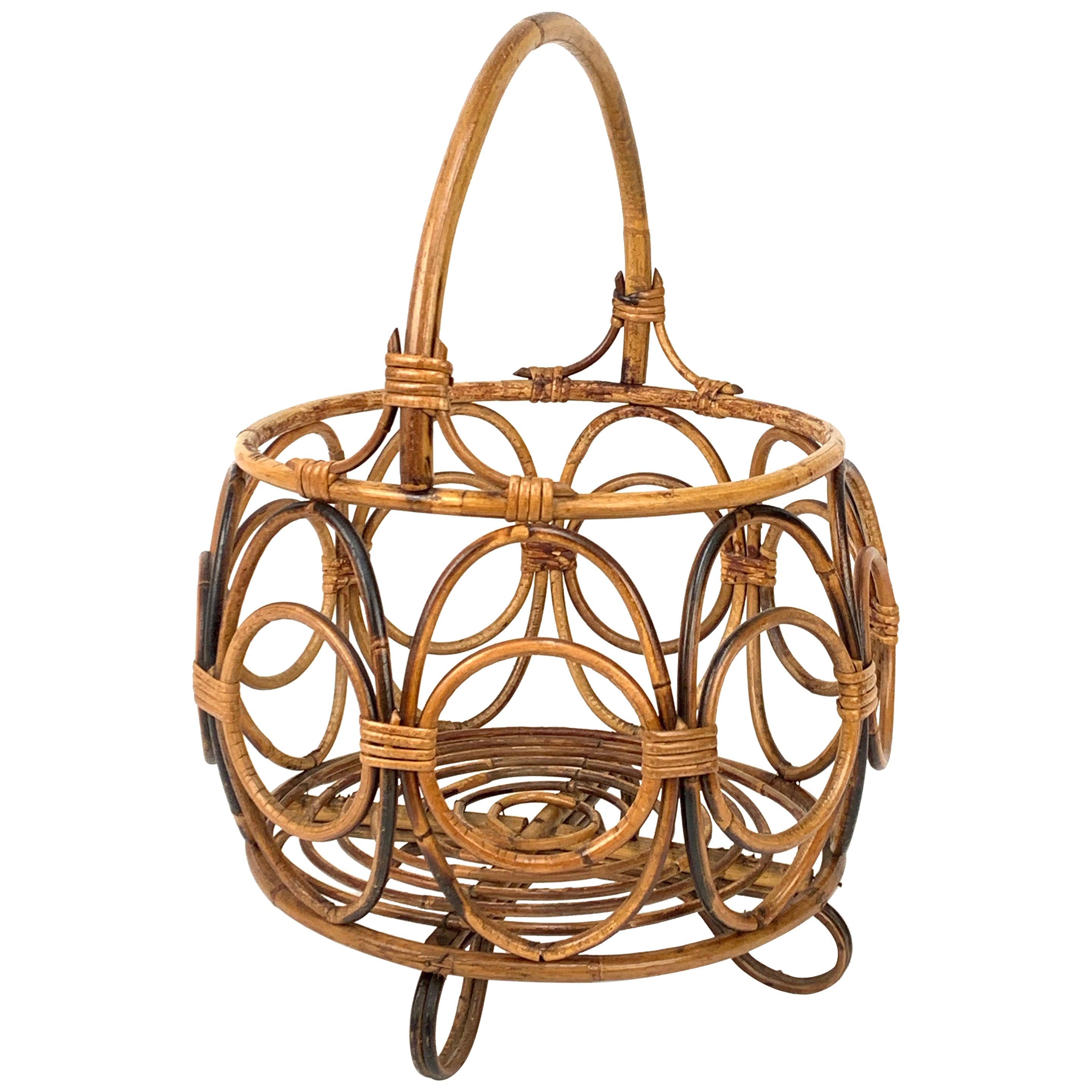 Midcentury French Riviera Bamboo and Rattan Italian Round Magazine Rack, 1960s For Sale