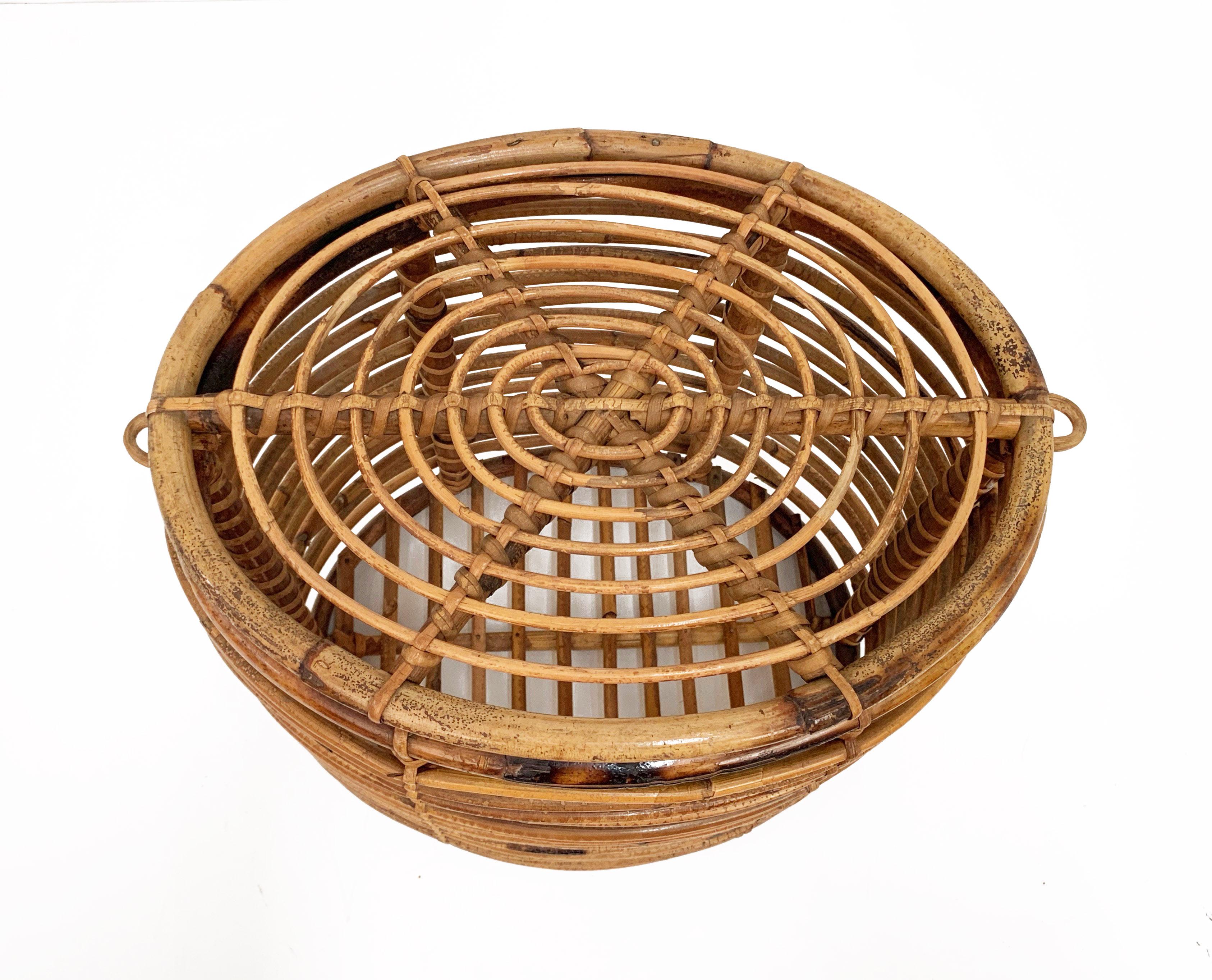 Mid-Century Modern Midcentury French Riviera Bamboo and Rattan Oval Italian Basket, 1950s For Sale