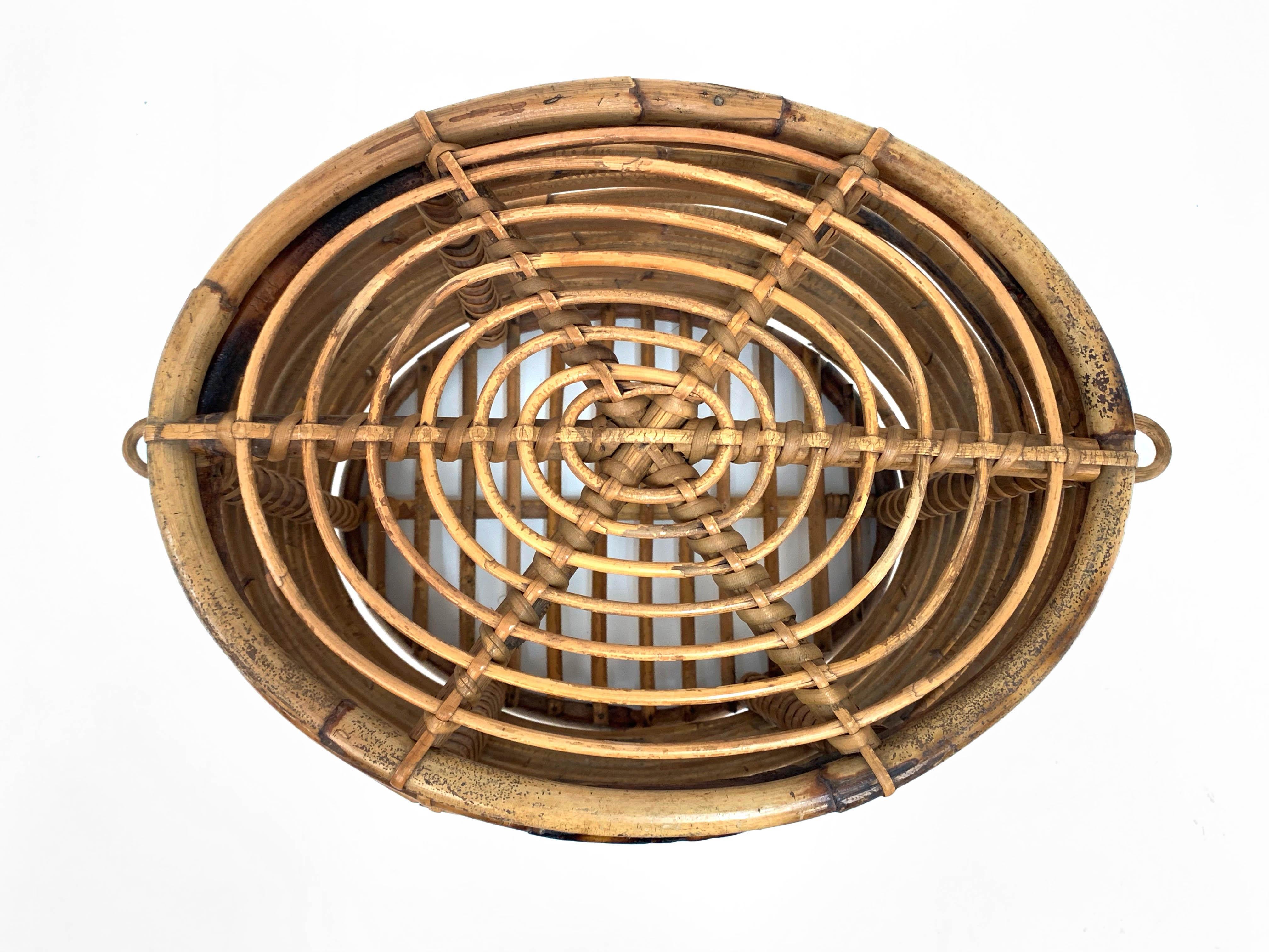Midcentury French Riviera Bamboo and Rattan Oval Italian Basket, 1950s For Sale 1