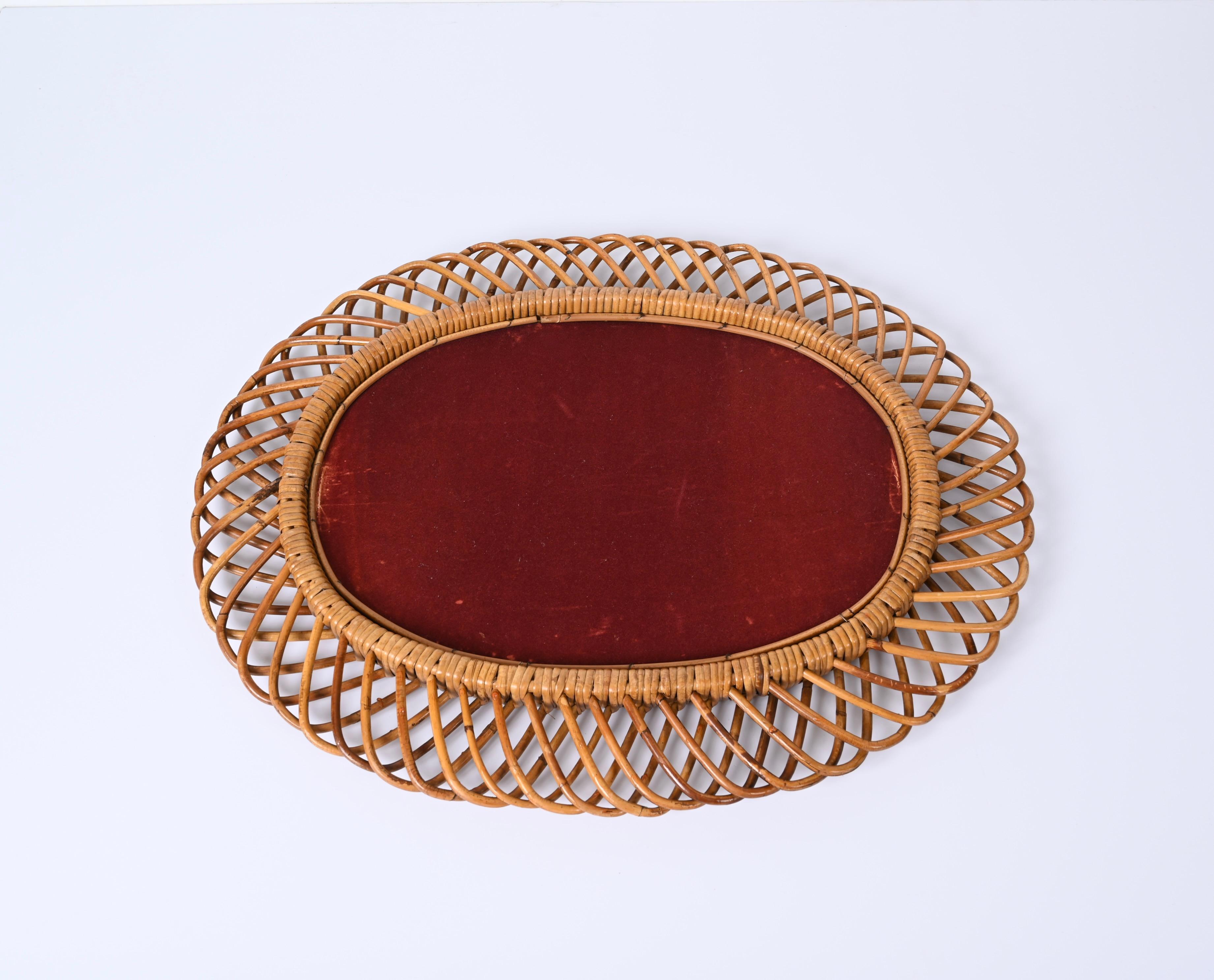 Midcentury French Riviera Bamboo and Rattan Oval Mirror Franco Albini Italy 1960 For Sale 4
