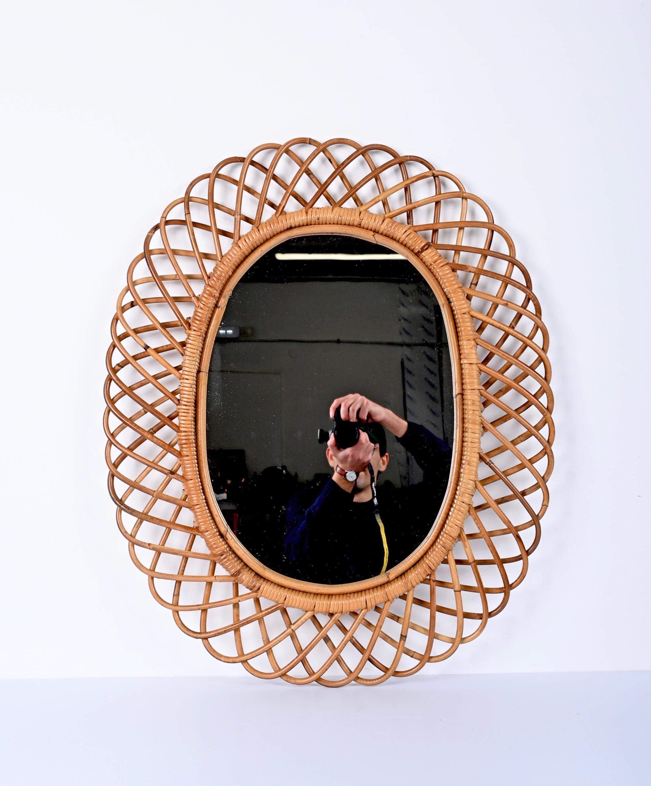 Midcentury French Riviera Bamboo and Rattan Oval Mirror Franco Albini Italy 1960 4