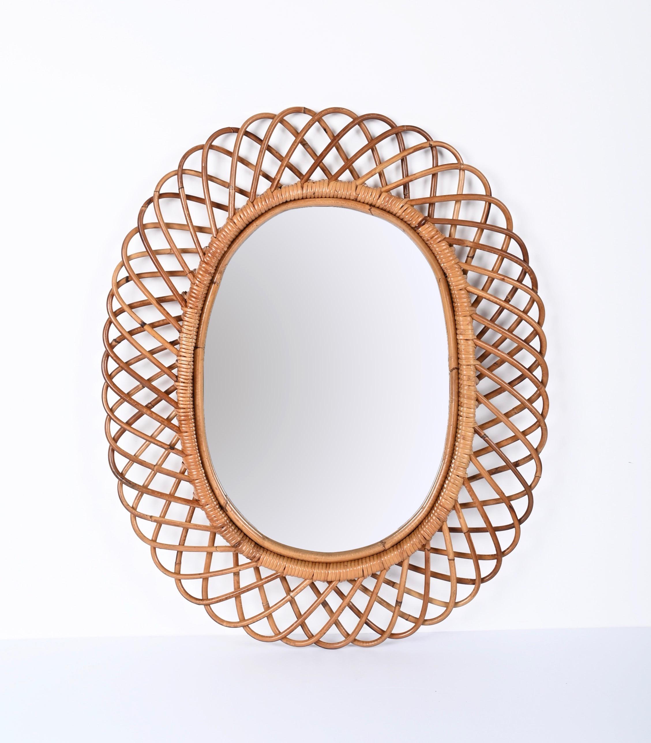 Midcentury French Riviera Bamboo and Rattan Oval Mirror Franco Albini Italy 1960 5