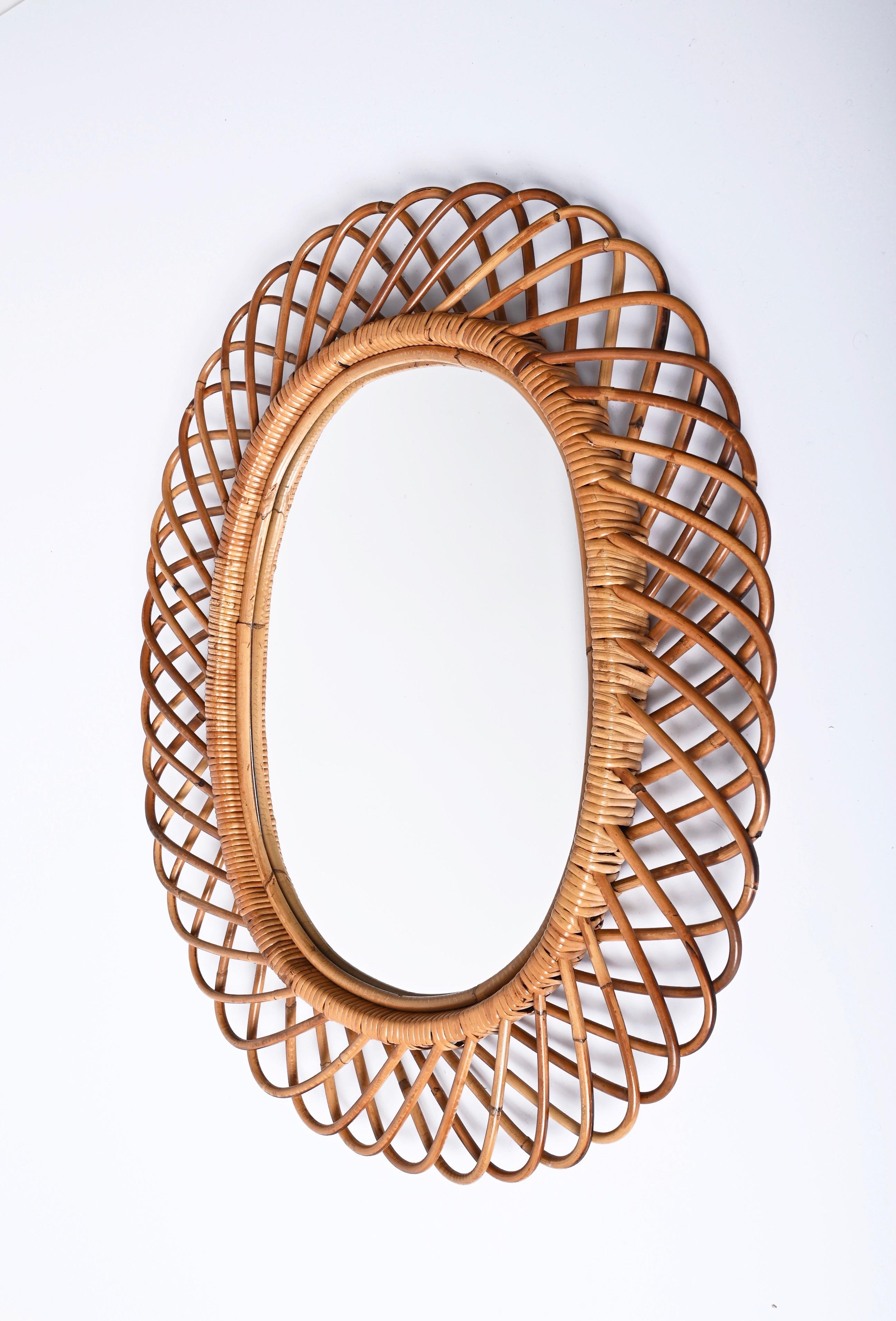 Midcentury French Riviera Bamboo and Rattan Oval Mirror Franco Albini Italy 1960 7