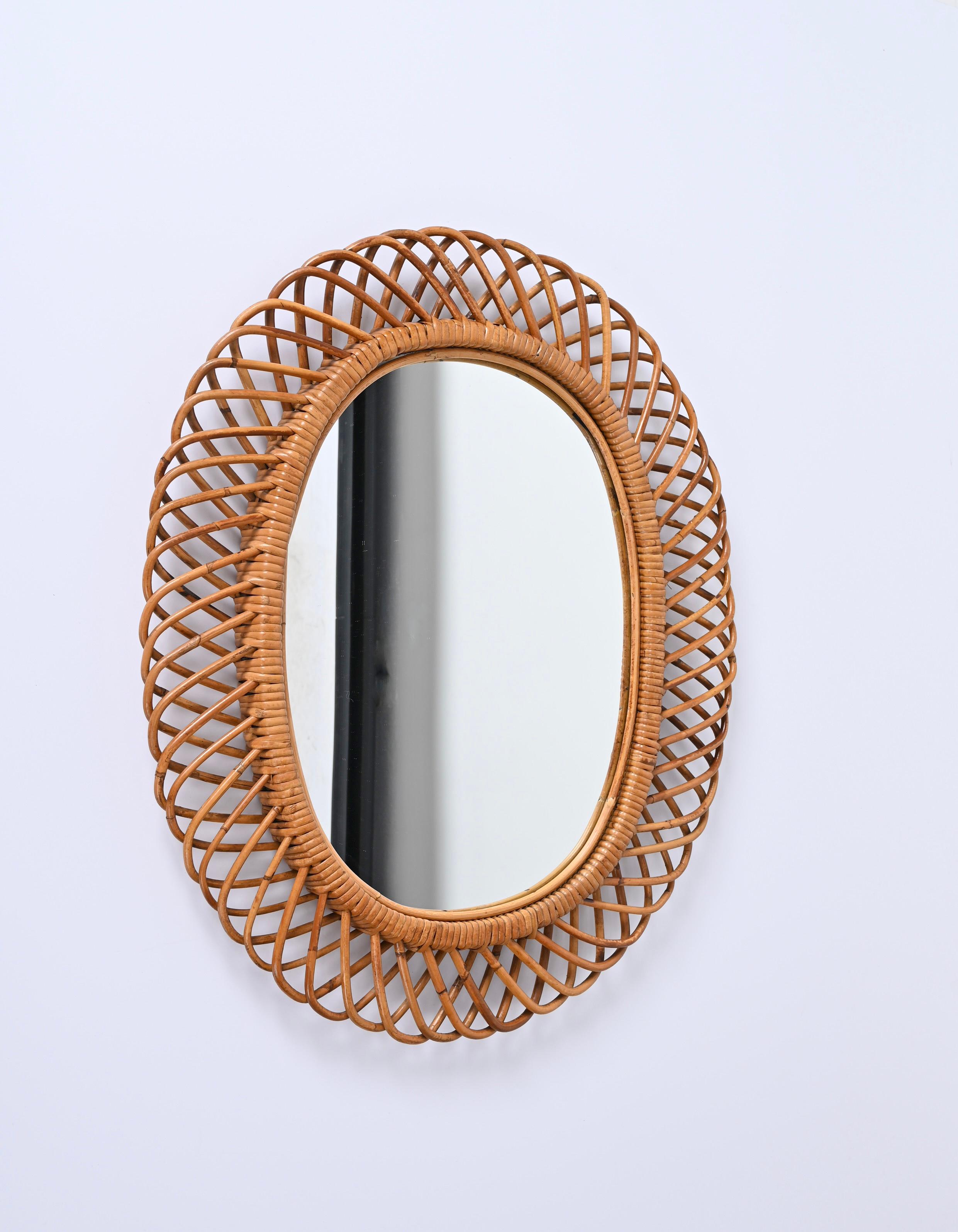 Mid-Century Modern Midcentury French Riviera Bamboo and Rattan Oval Mirror Franco Albini Italy 1960 For Sale