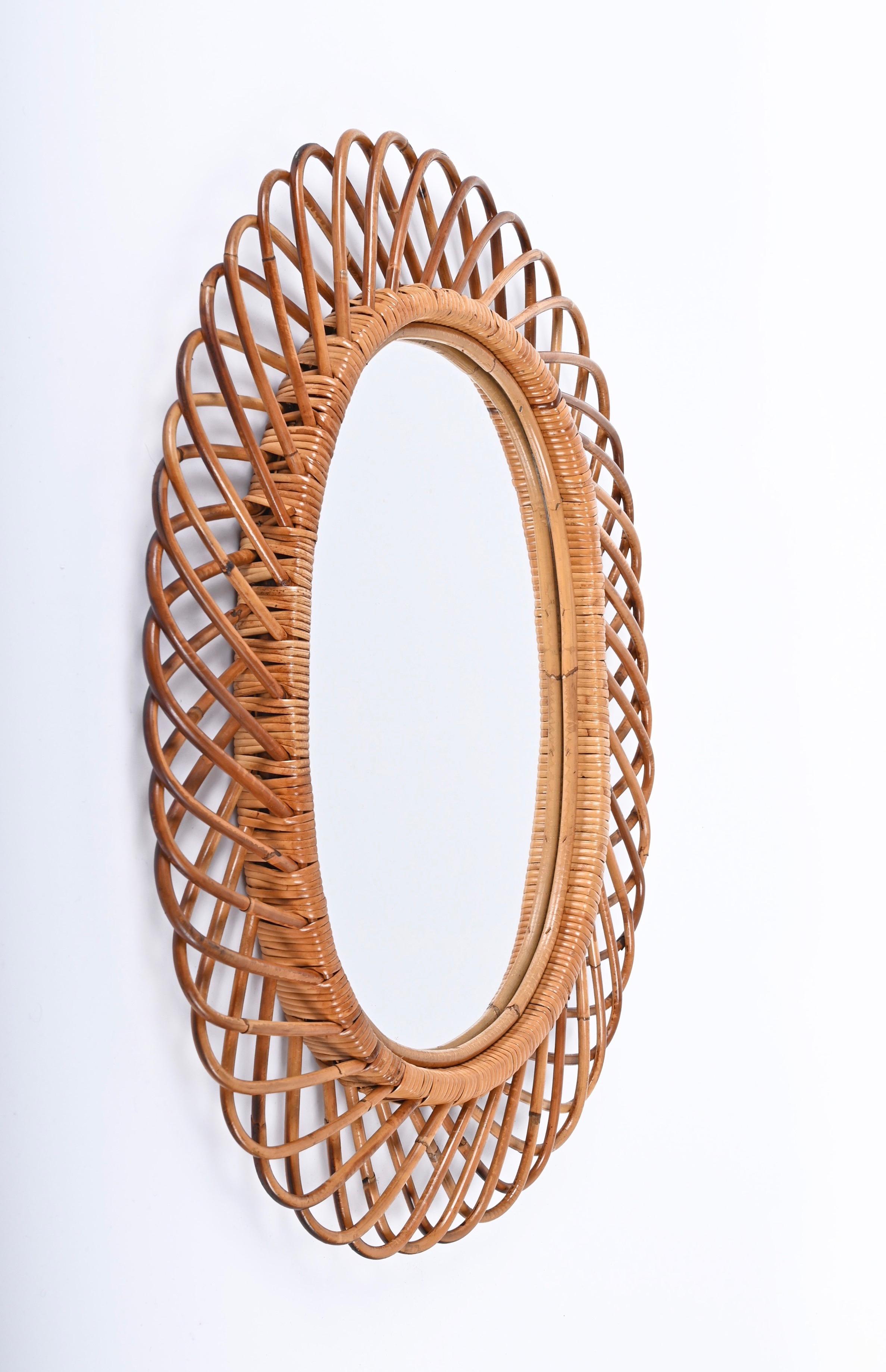 Mid-Century Modern Midcentury French Riviera Bamboo and Rattan Oval Mirror Franco Albini Italy 1960
