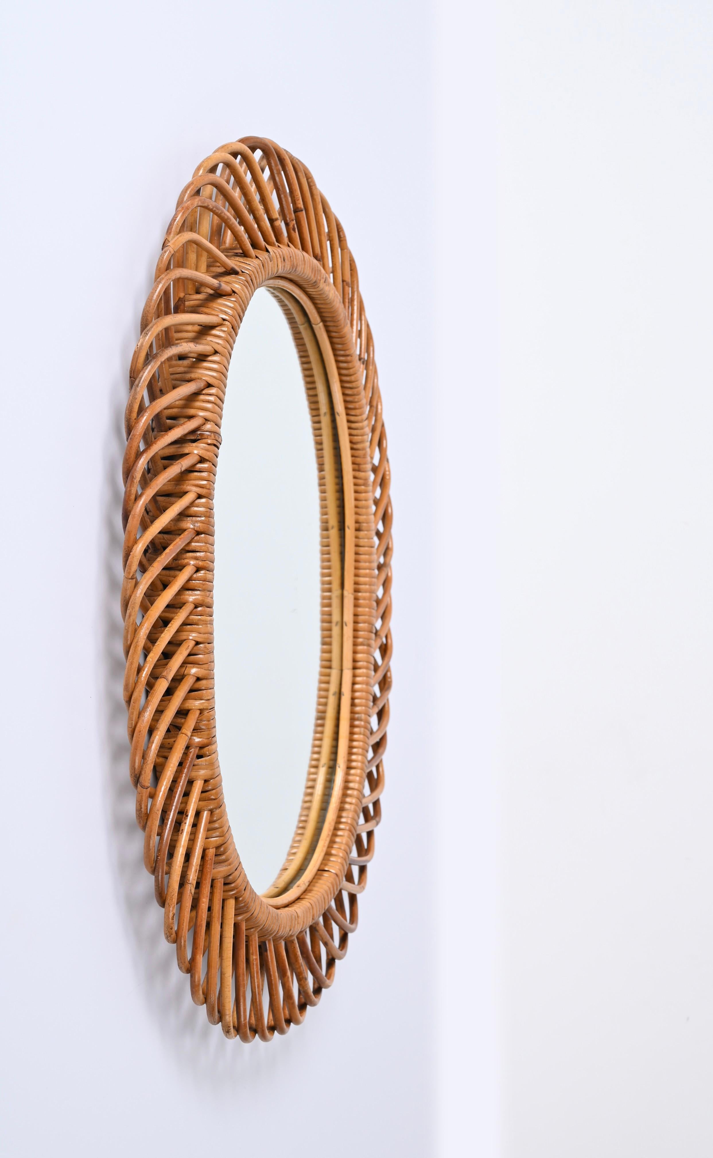 Italian Midcentury French Riviera Bamboo and Rattan Oval Mirror Franco Albini Italy 1960