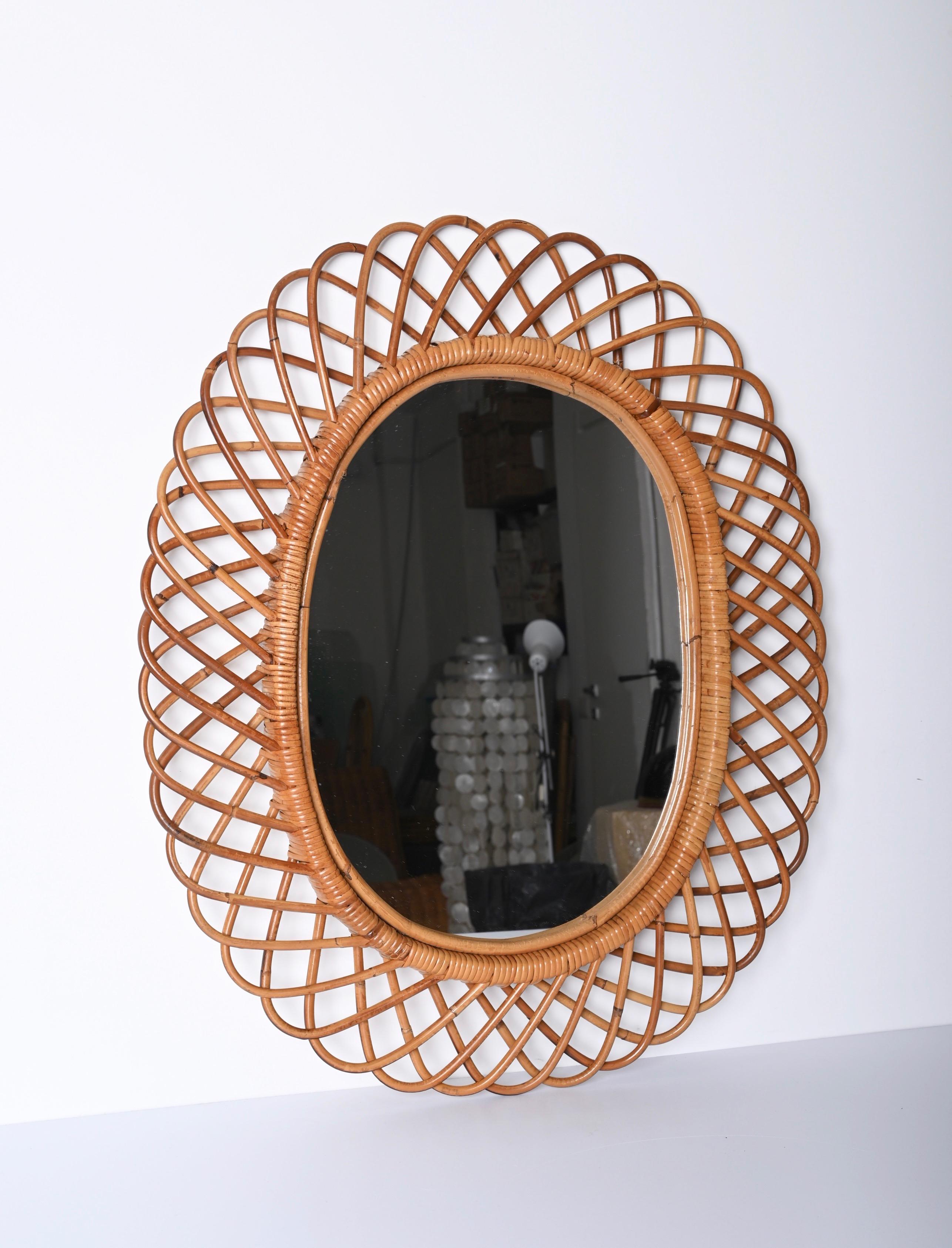 Italian Midcentury French Riviera Bamboo and Rattan Oval Mirror Franco Albini Italy 1960