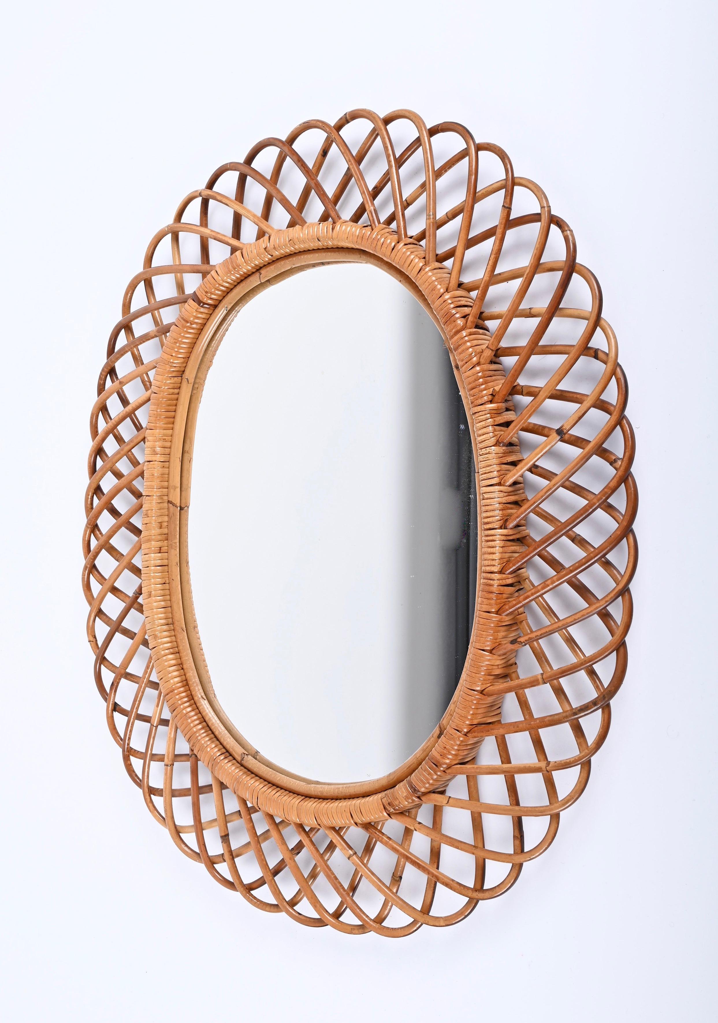 Mid-20th Century Midcentury French Riviera Bamboo and Rattan Oval Mirror Franco Albini Italy 1960