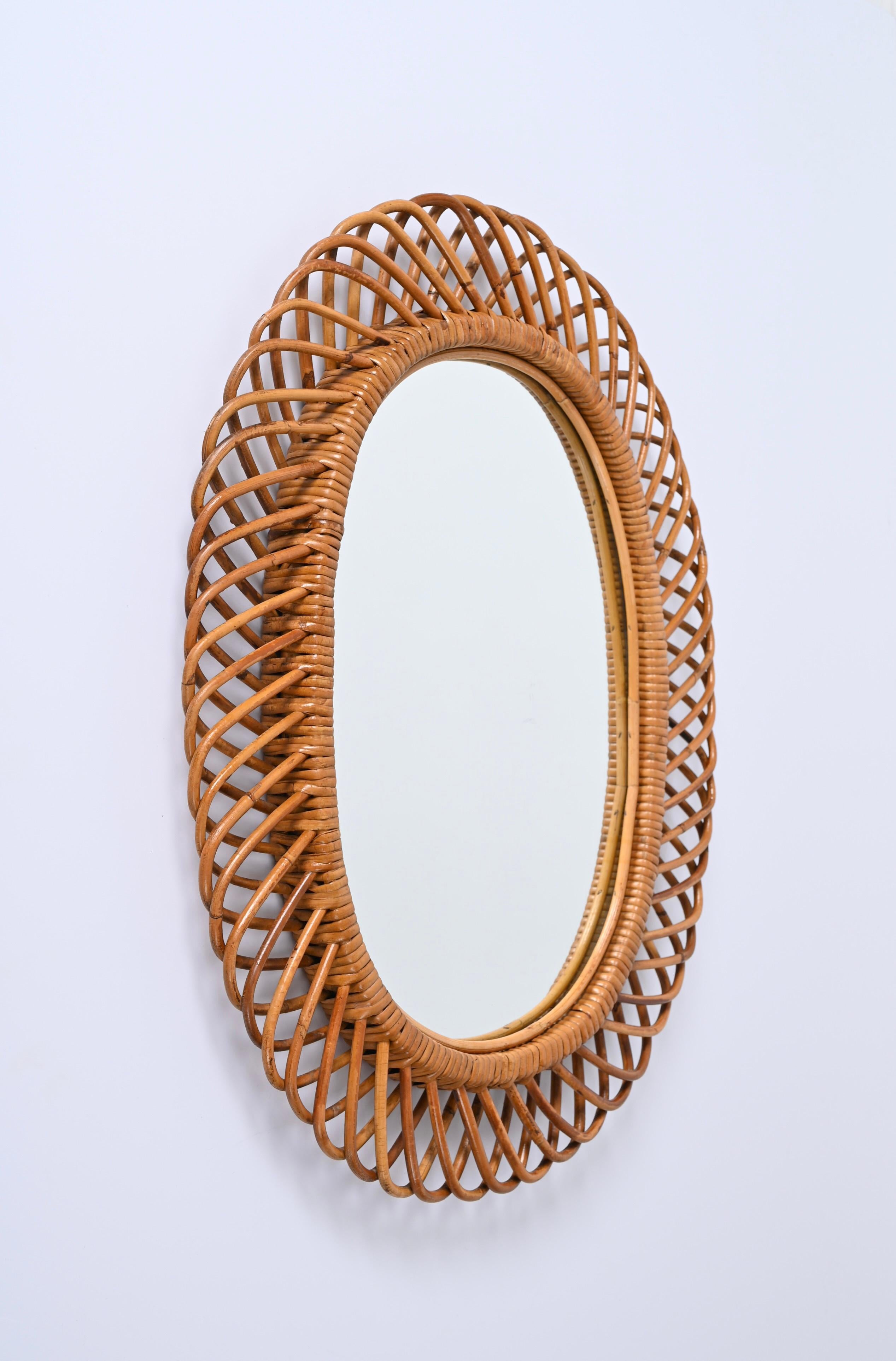Midcentury French Riviera Bamboo and Rattan Oval Mirror Franco Albini Italy 1960 For Sale 1