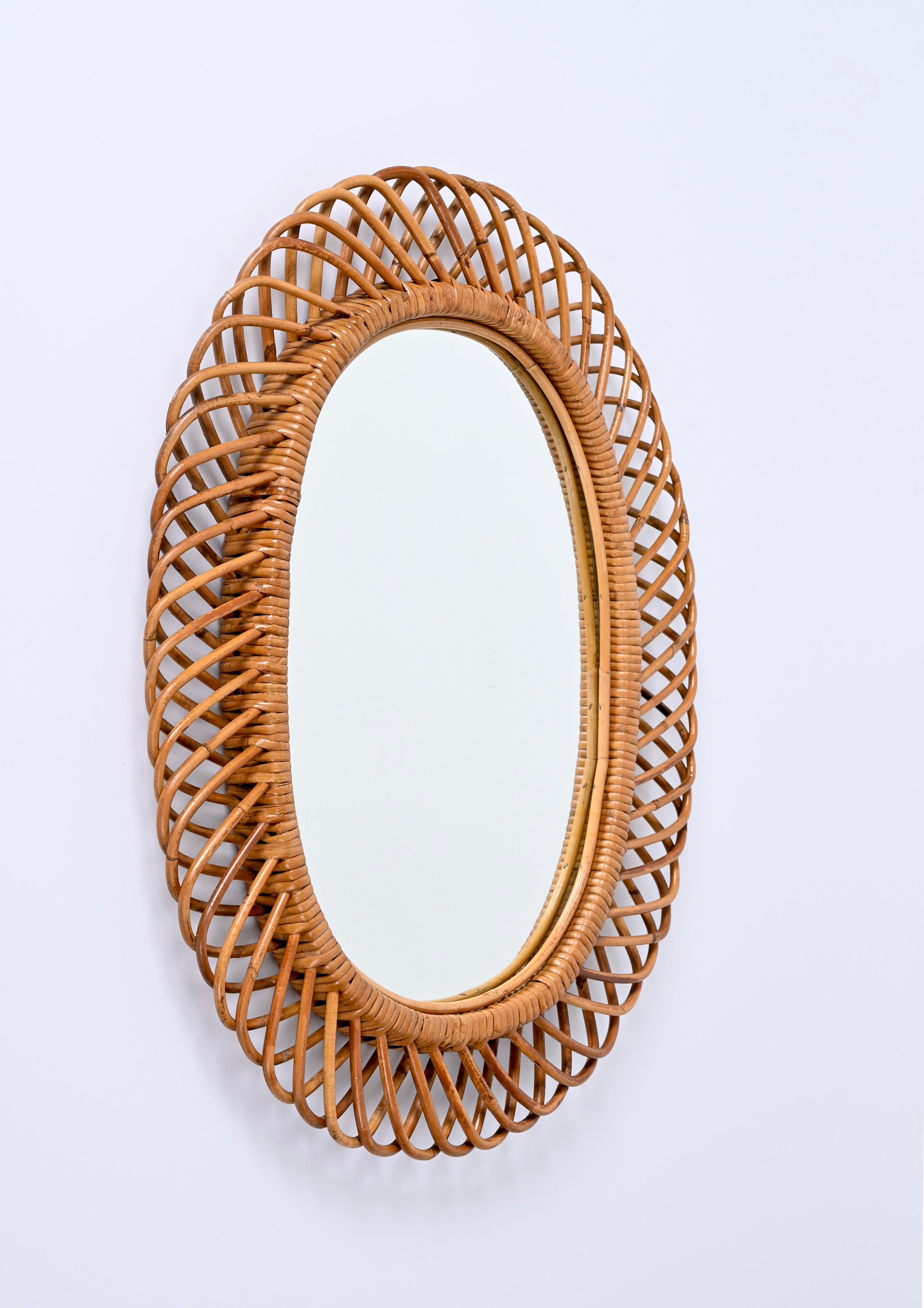 Midcentury French Riviera Bamboo and Rattan Oval Mirror Franco Albini Italy 1960 For Sale 2