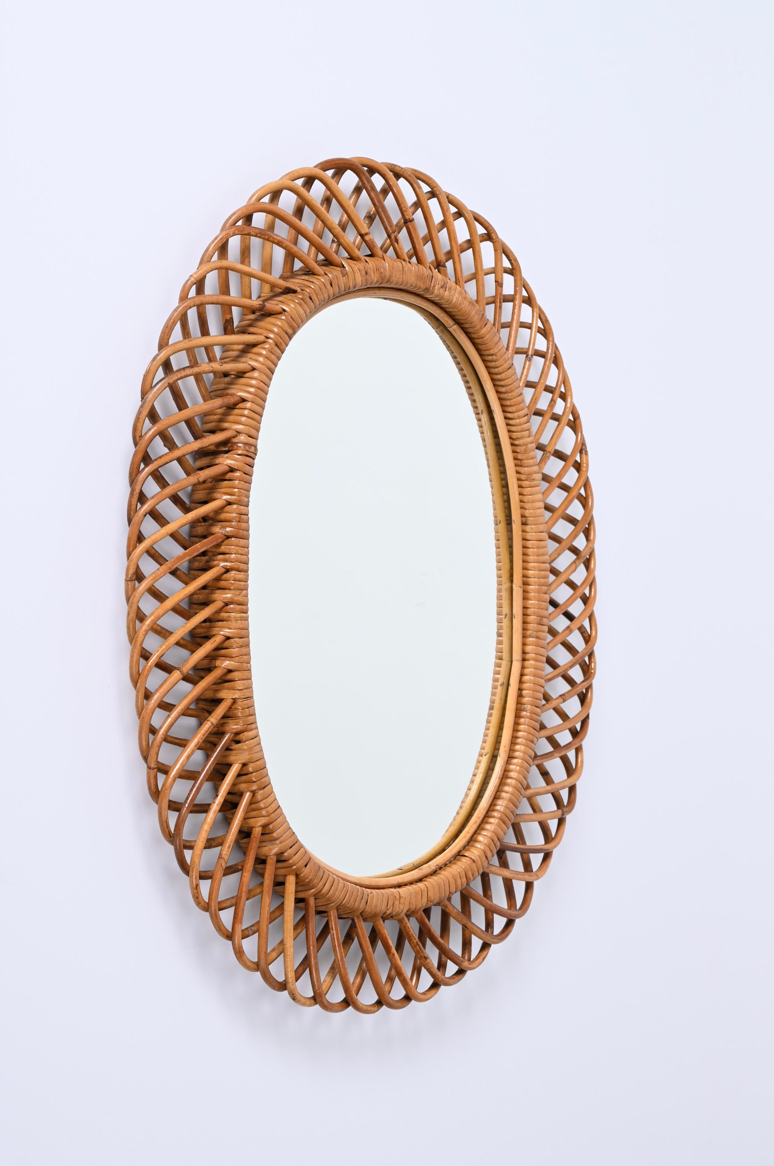 Midcentury French Riviera Bamboo and Rattan Oval Mirror Franco Albini Italy 1960 For Sale 3