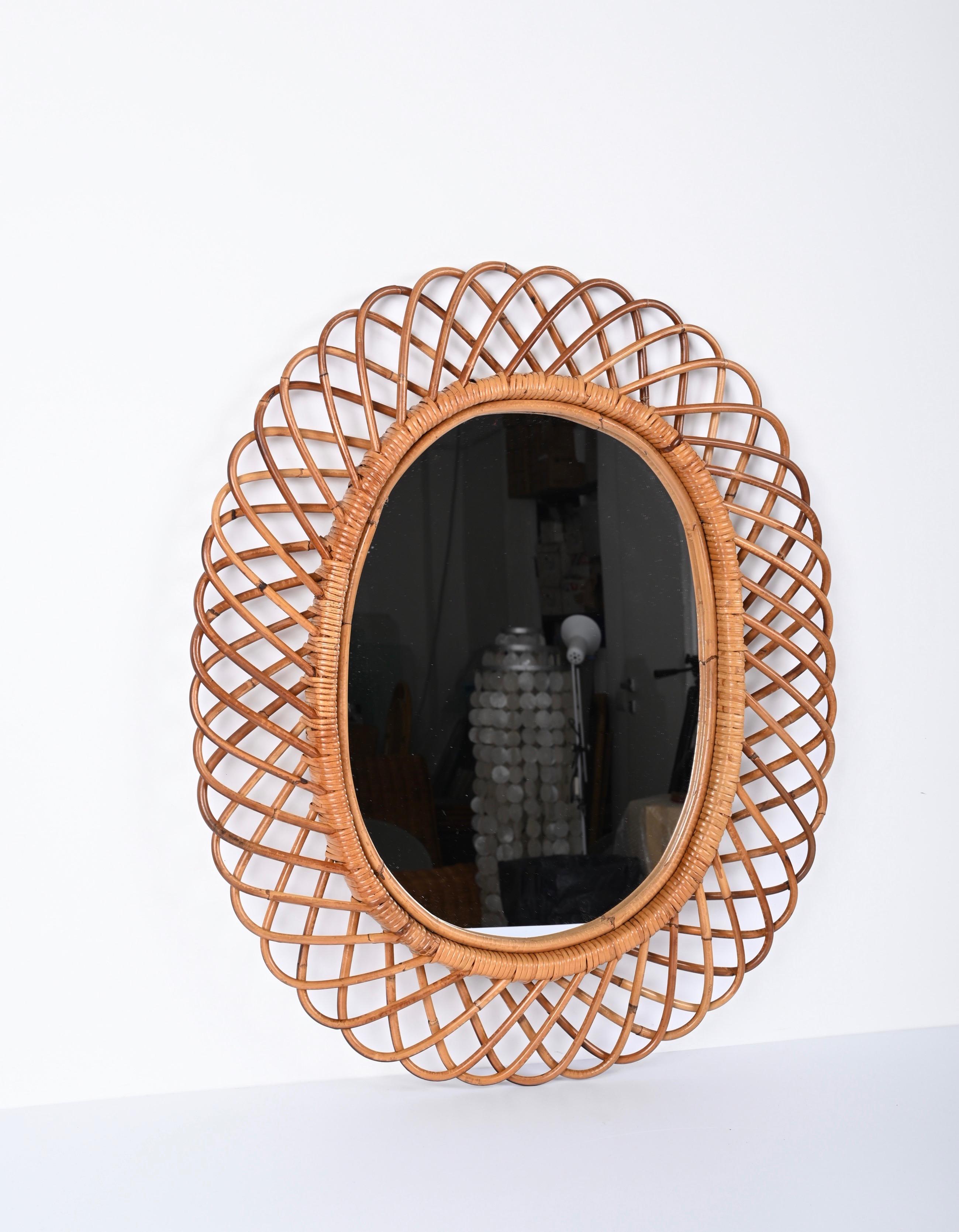 Midcentury French Riviera Bamboo and Rattan Oval Mirror Franco Albini Italy 1960 3