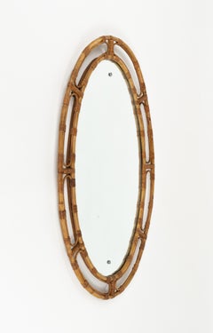 Midcentury French Riviera Bamboo and Rattan Oval Wall Mirror, Italy 1960s