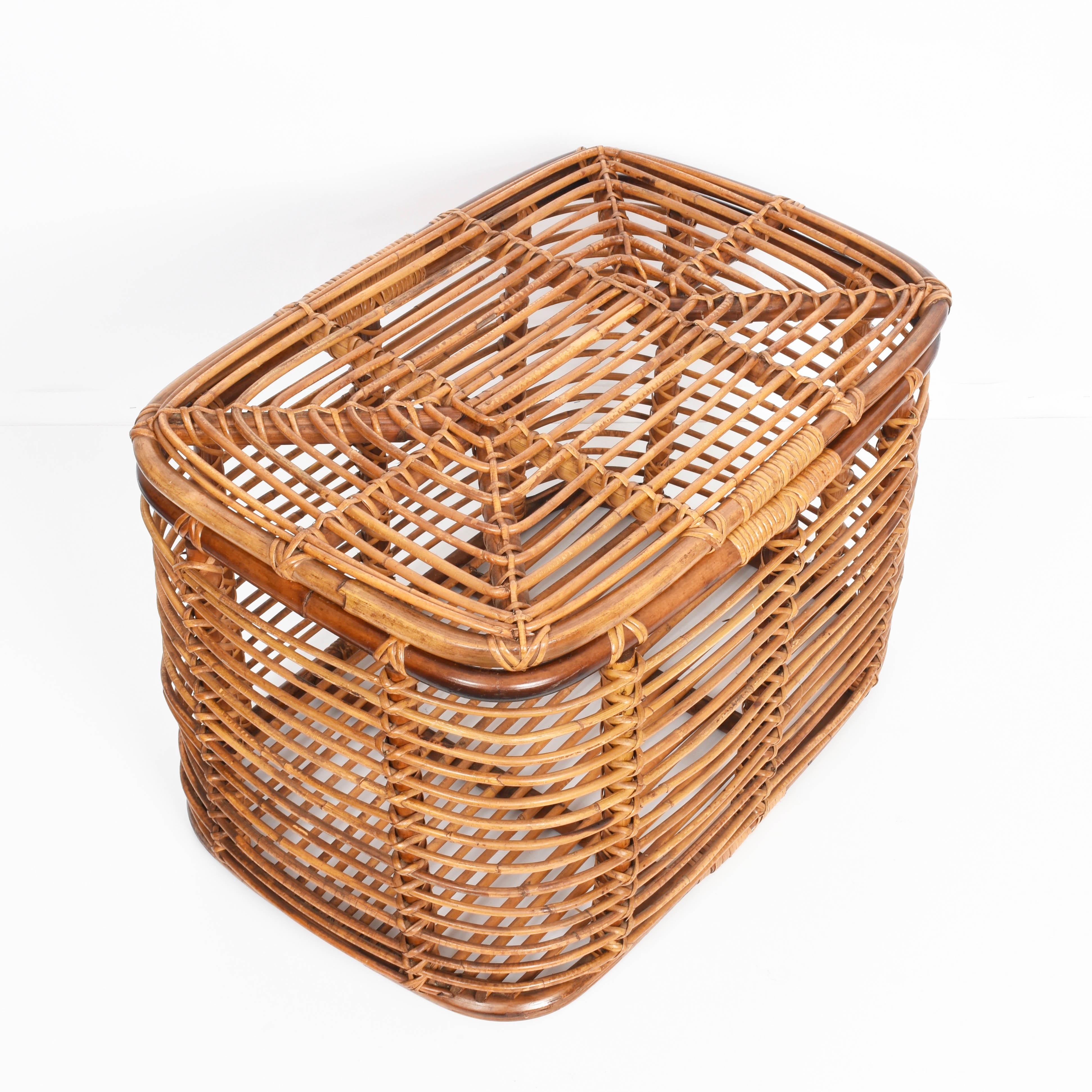 Midcentury French Riviera Bamboo and Rattan Rectangular Italian Basket, 1960s 11