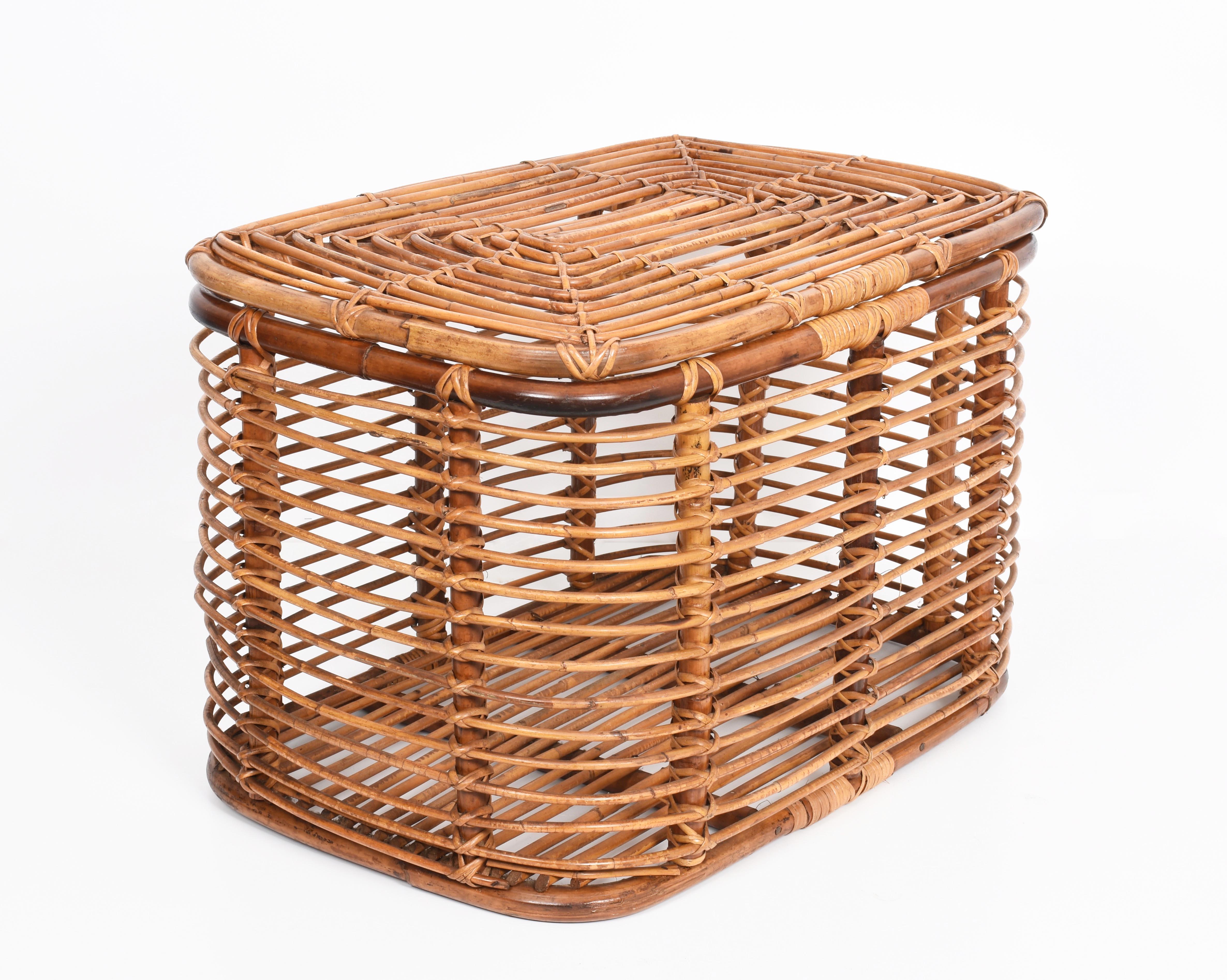 Midcentury French Riviera Bamboo and Rattan Rectangular Italian Basket, 1960s 15