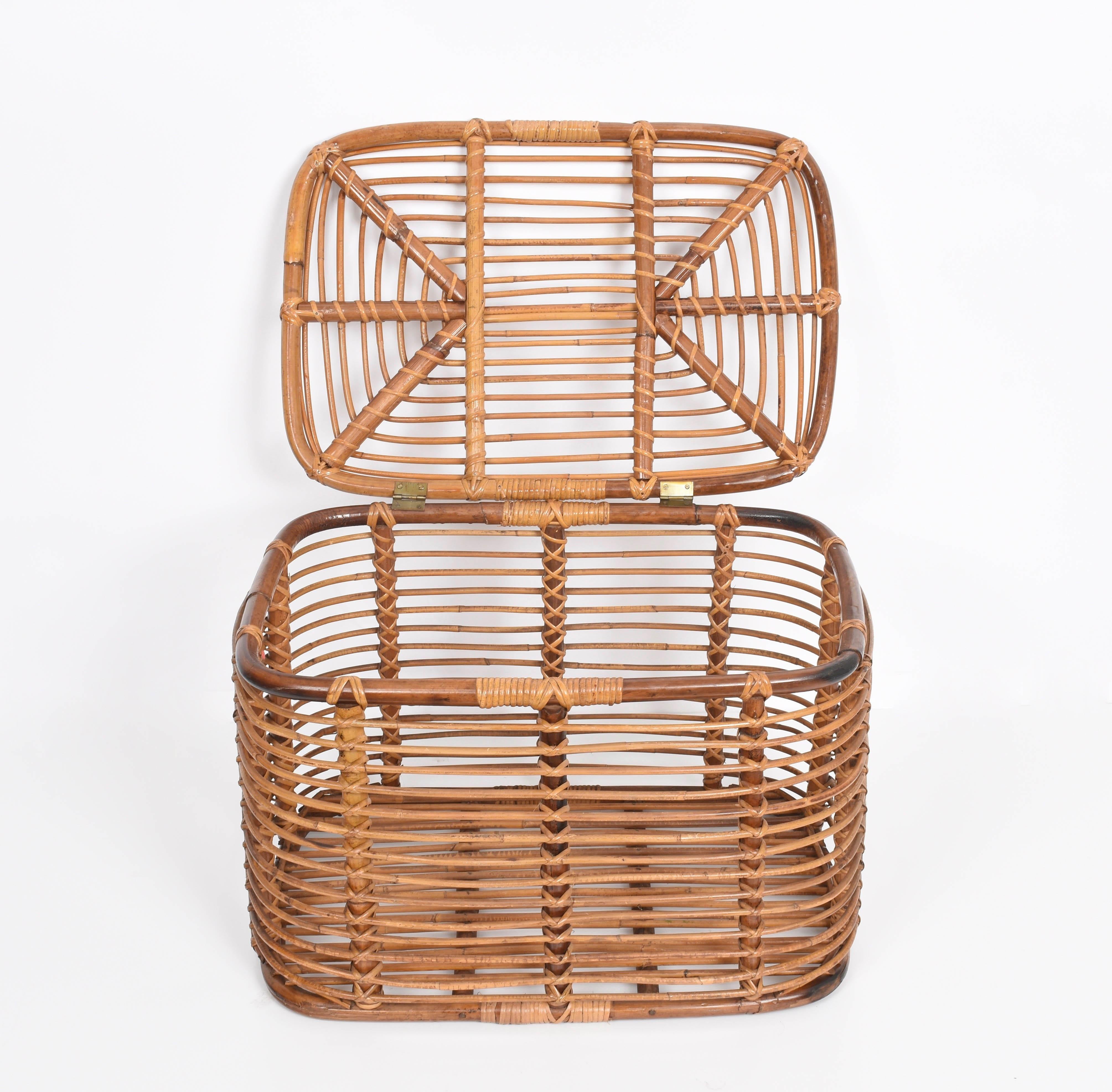 Mid-Century Modern Midcentury French Riviera Bamboo and Rattan Rectangular Italian Basket, 1960s