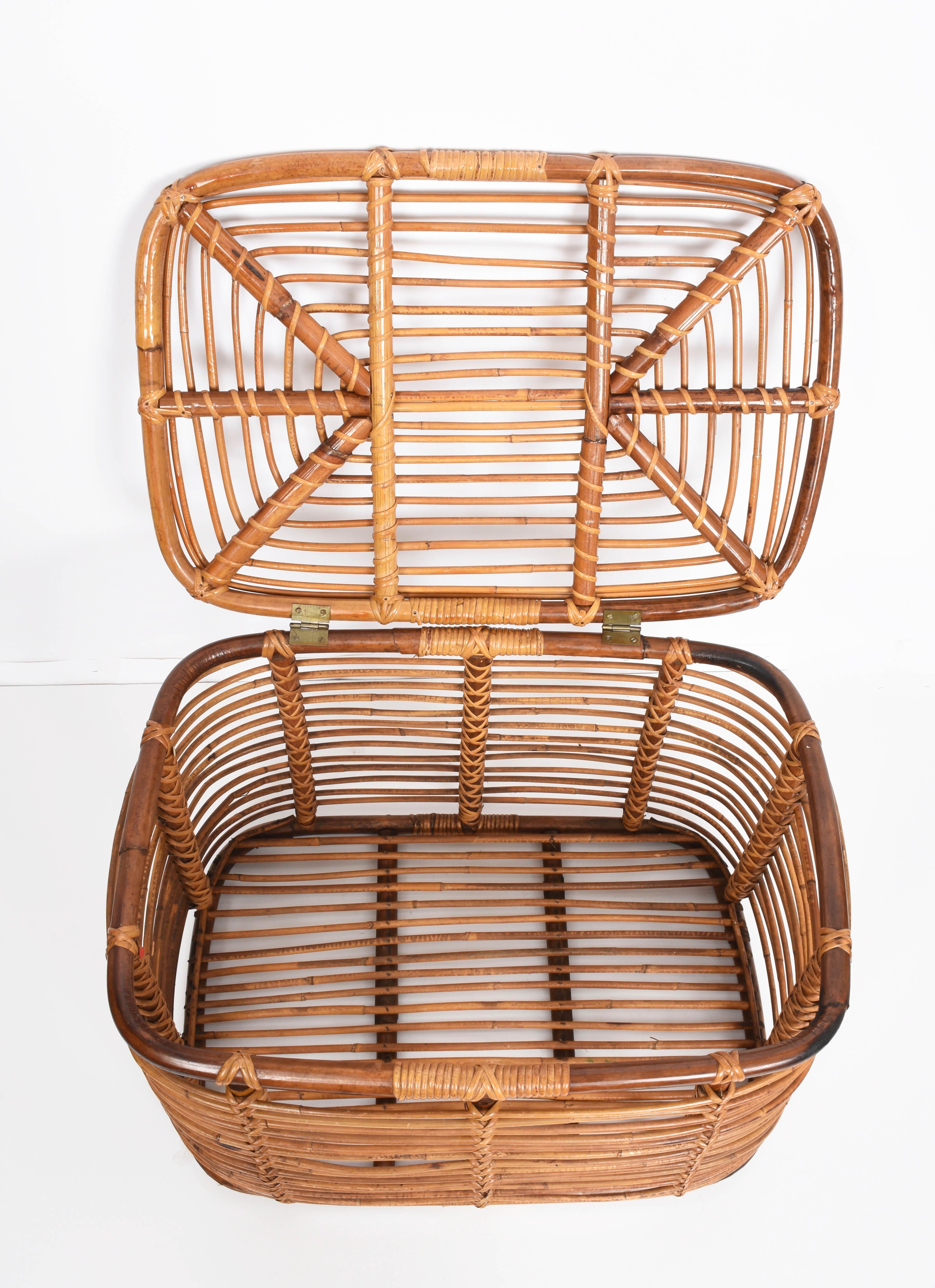 20th Century Midcentury French Riviera Bamboo and Rattan Rectangular Italian Basket, 1960s