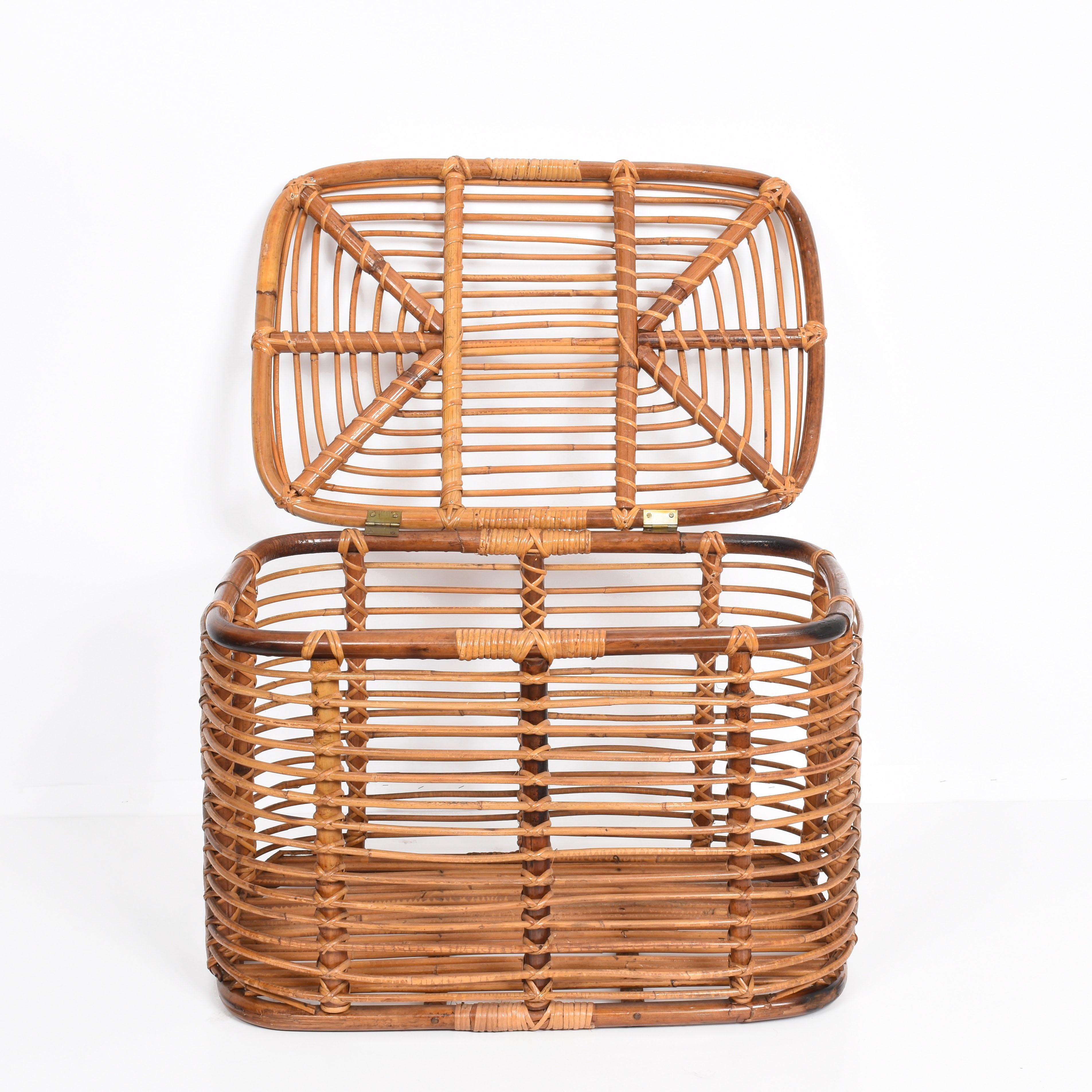 Midcentury French Riviera Bamboo and Rattan Rectangular Italian Basket, 1960s 1