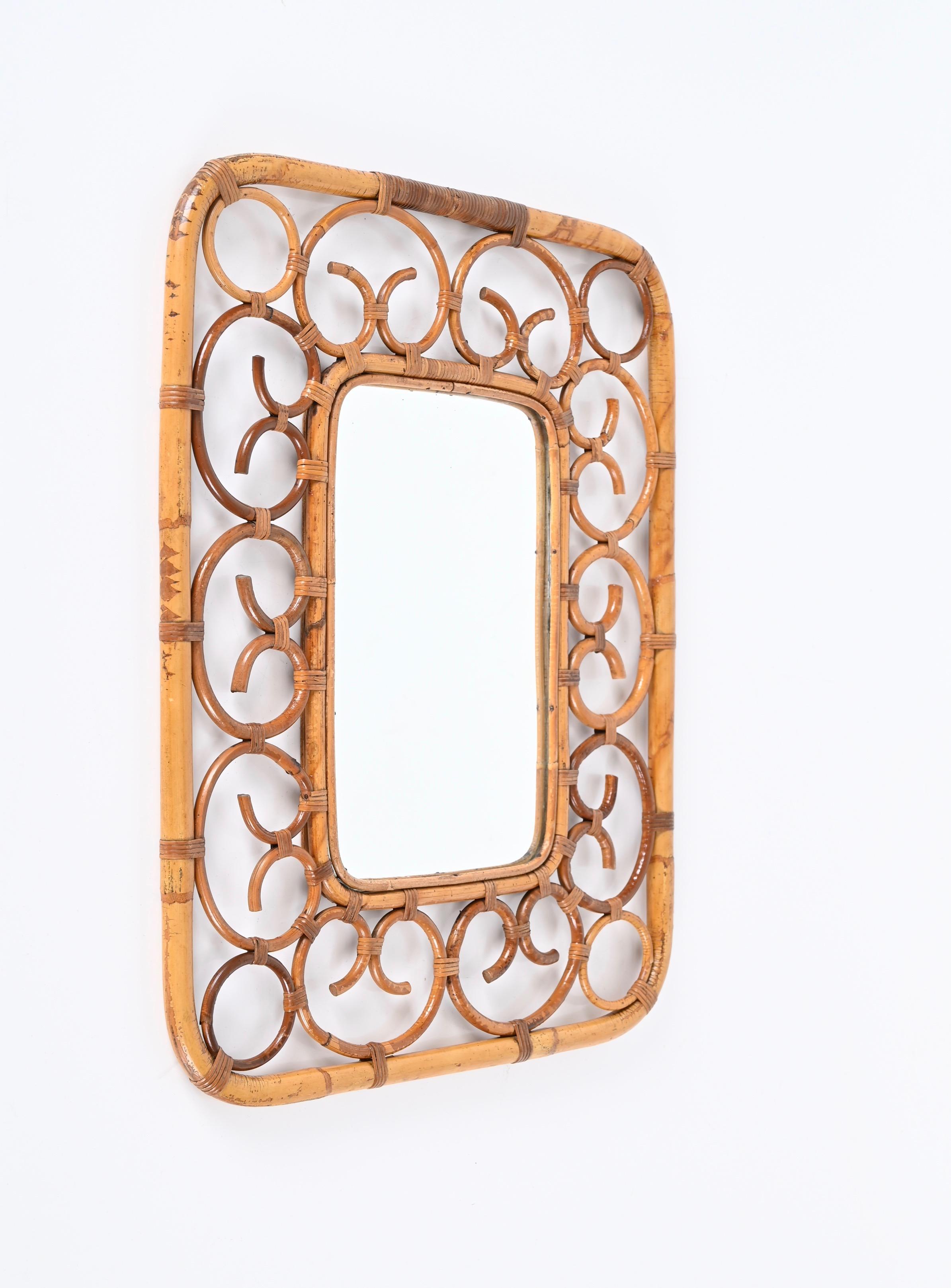 Mid-20th Century Franco Albini Bamboo and Rattan Rectangular Wall Mirror, Italy 1970s For Sale