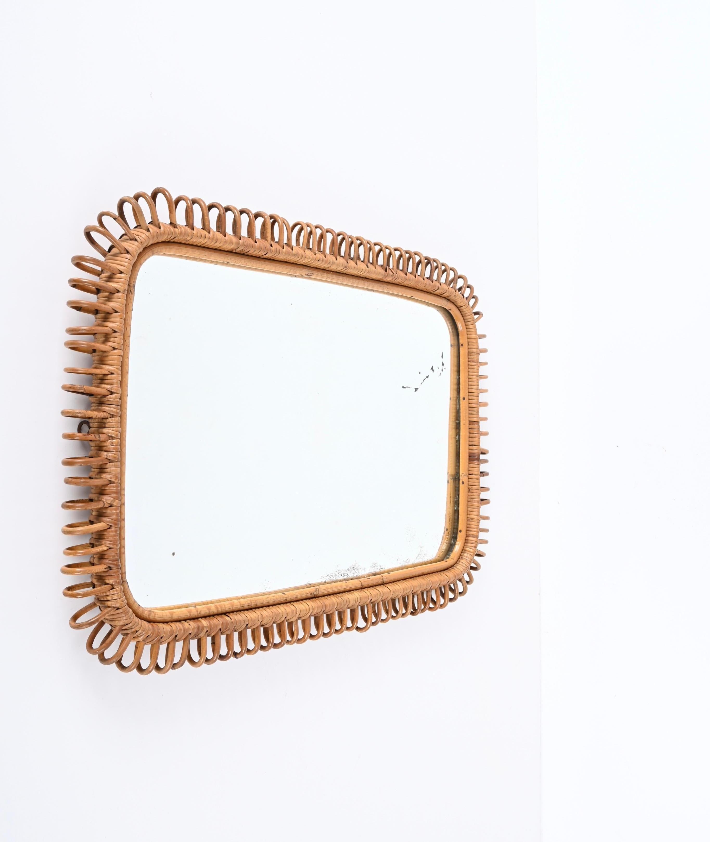 Wicker Midcentury French Riviera Bamboo and Rattan Rectangular Wall Mirror, 1970s